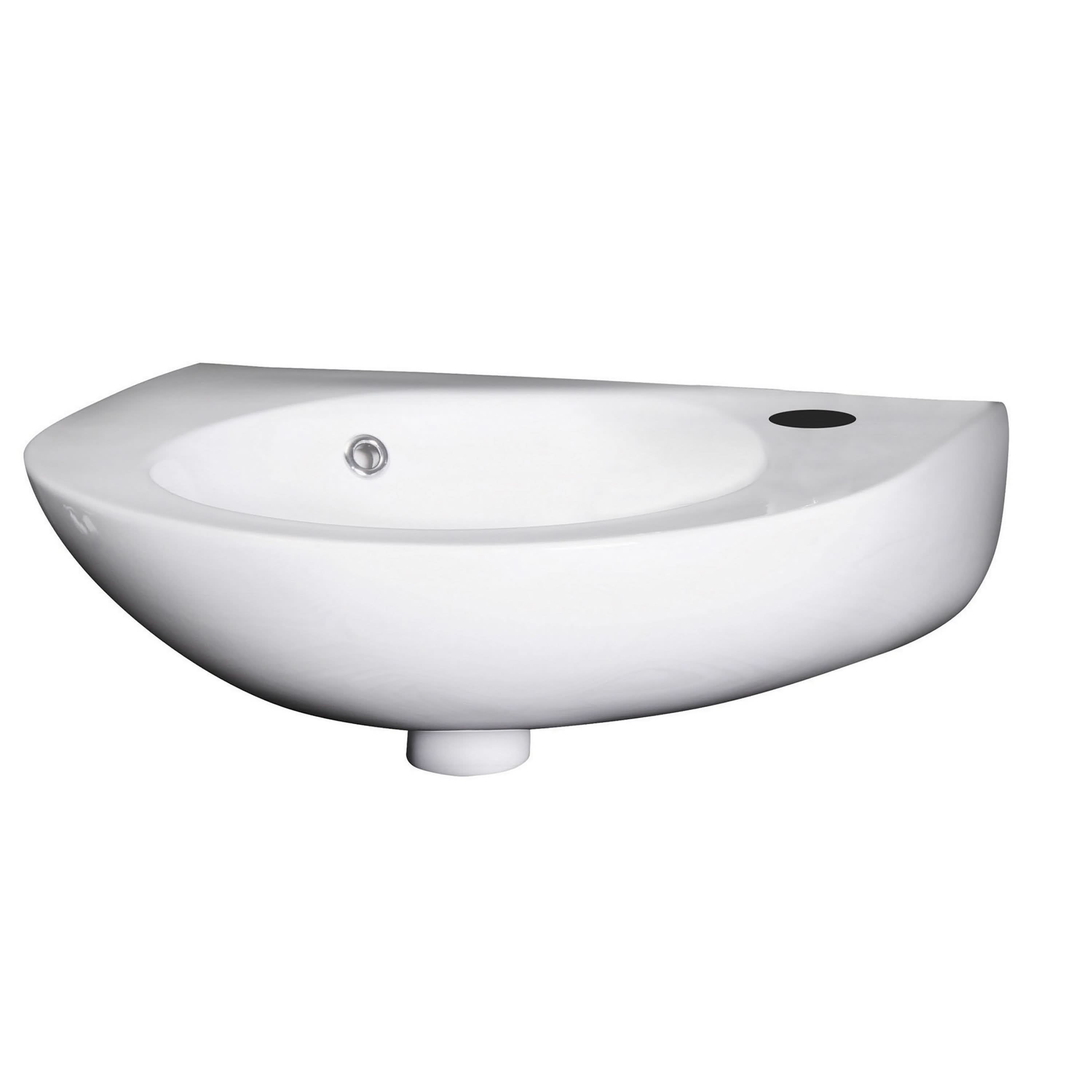 The Nuie Melbourne Round 350mm Wall Hung Cloakroom Basin in white is a semi-circular ceramic sink with a right-side tap hole and basin waste outlet, ideal for space-saving installations.