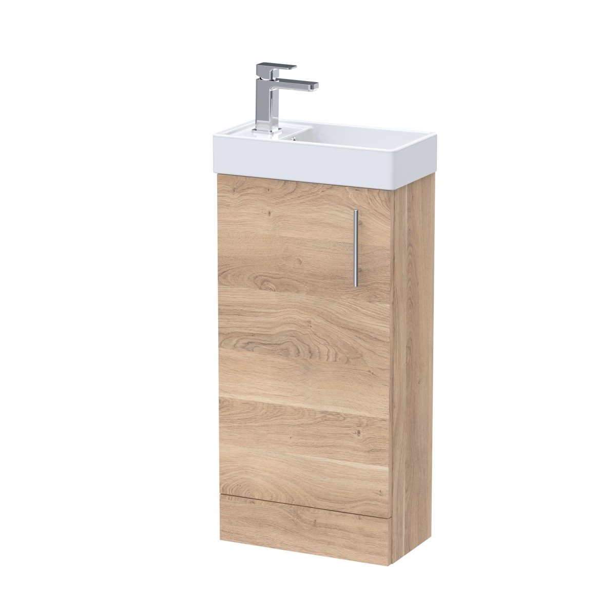 Nuie Vault Floor Standing Cloakroom Vanity Unit with Basin, Durable Single Door Soft Close with Ceramic Sink, Compact Bathroom Furniture in Bleached Oak Finish 400mm