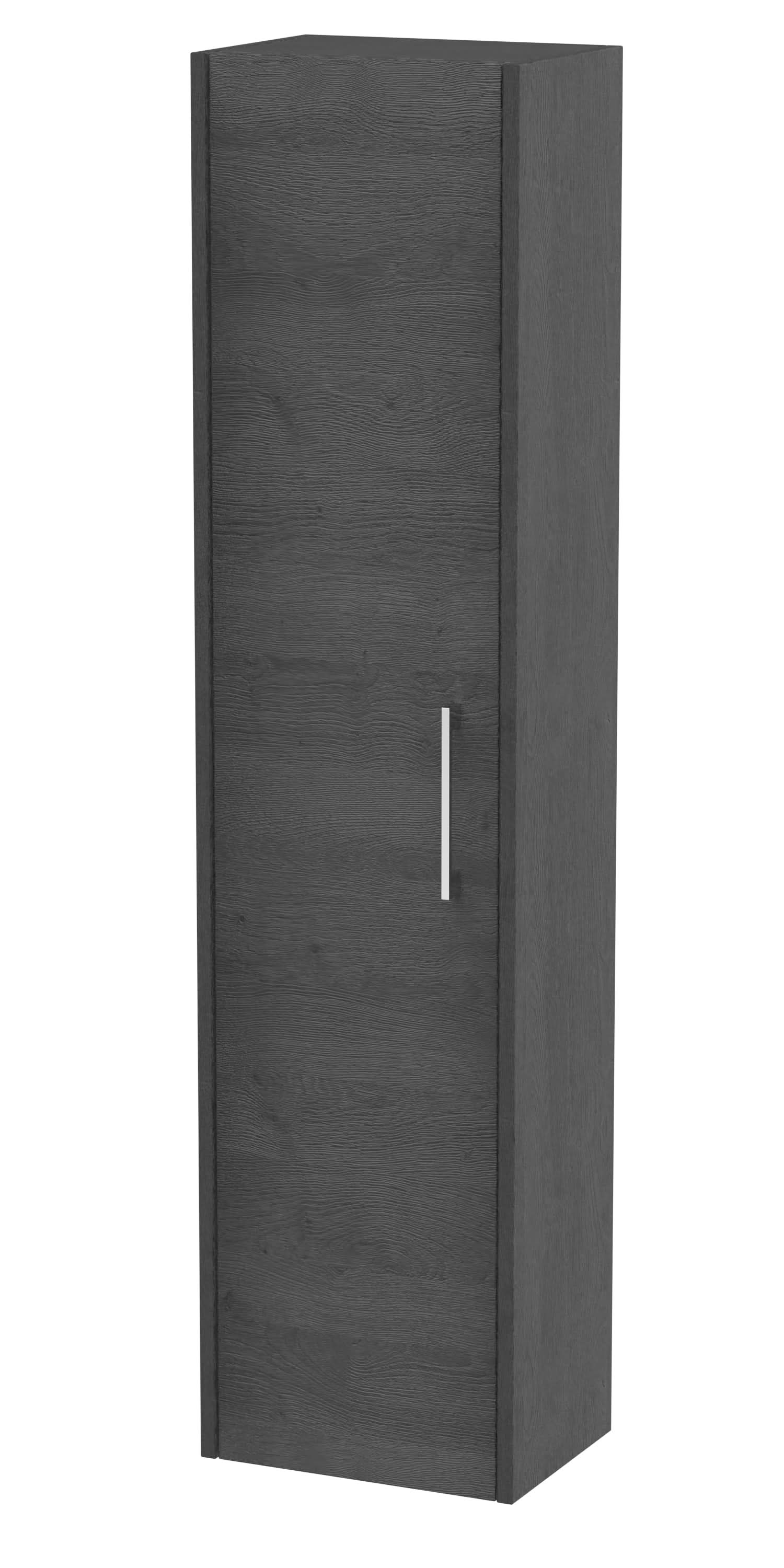 Hudson Reed Juno Wall Mounted Single Door Tall Unit, Bathroom Storage Cabinet with D-Shape Handle in Graphite Grey Woodgrain, 350mm