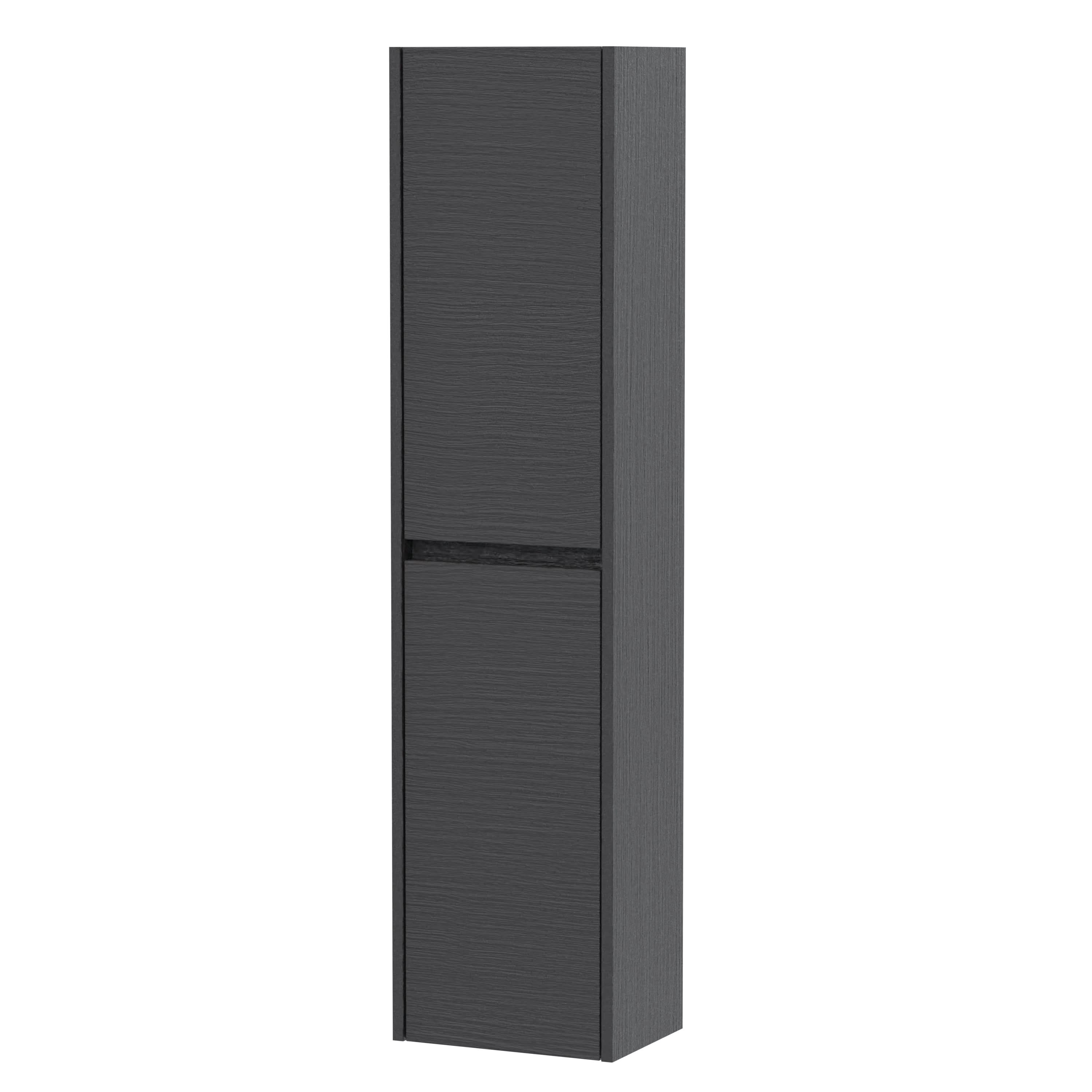 Nuie Havana Tall Wall Hung Unit 2-Door, Soft Close Handless Bathroom Storage Cabinet in Graphite Grey Woodgrain, 1433 x 350 x 255mm