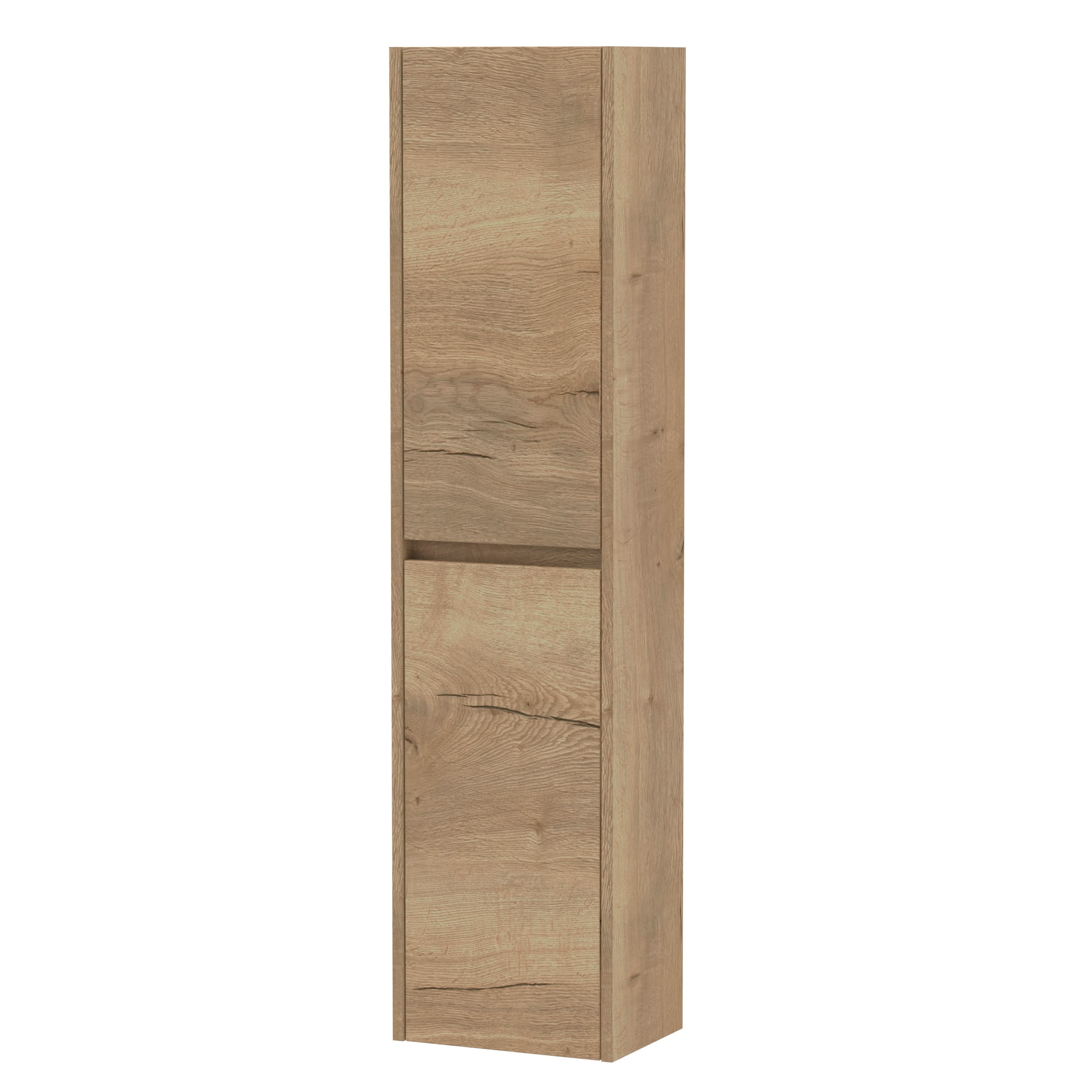 Nuie Havana Tall Wall Hung Unit 2-Door, Soft Close Handless Bathroom Storage Cabinet in Autumn Oak, 1433 x 350 x 255mm