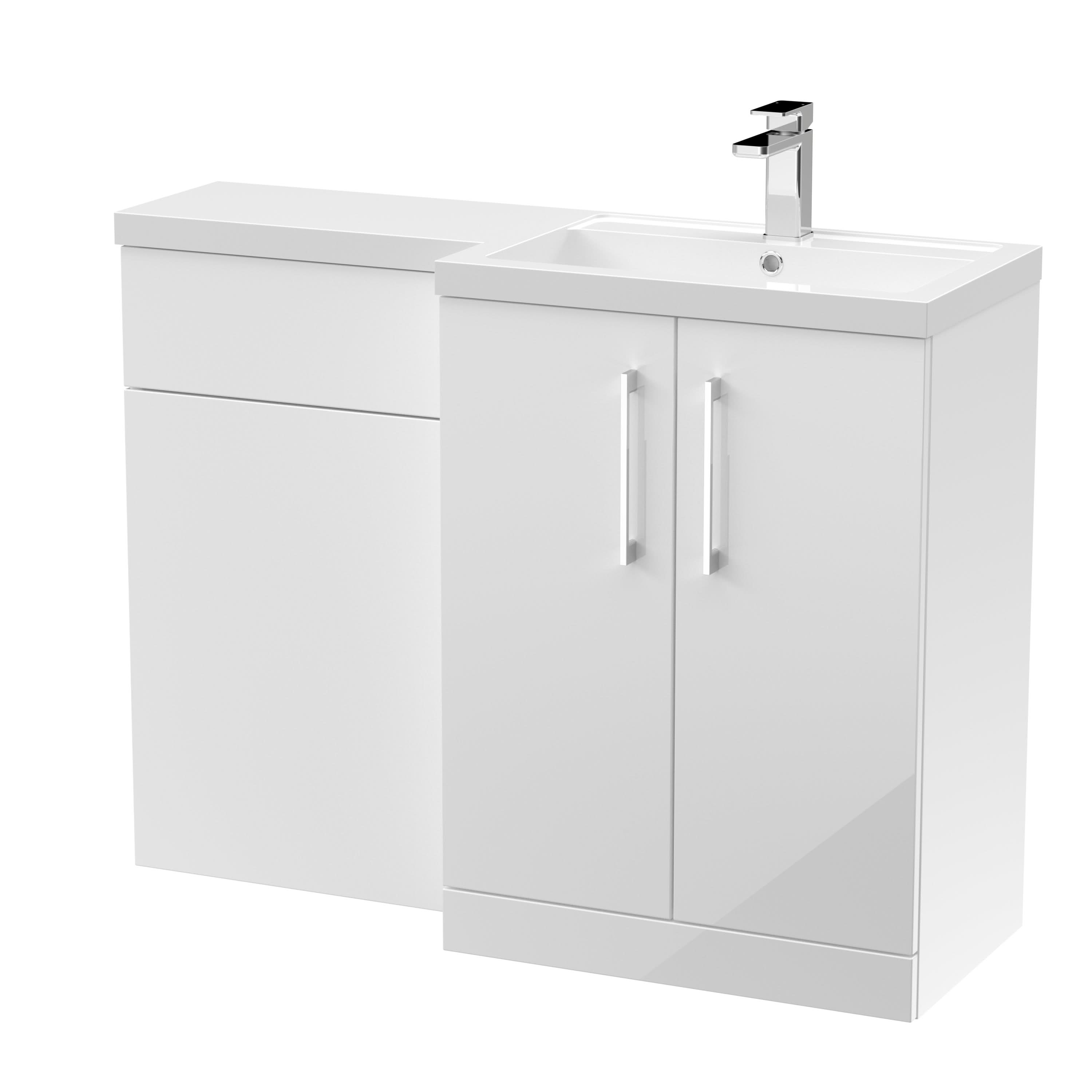 Nuie 1100mm Right Hand Combination, Polymarble Basin Pre-drilled with 1 Tap Hole, Bathroom Storage Unit in Gloss White