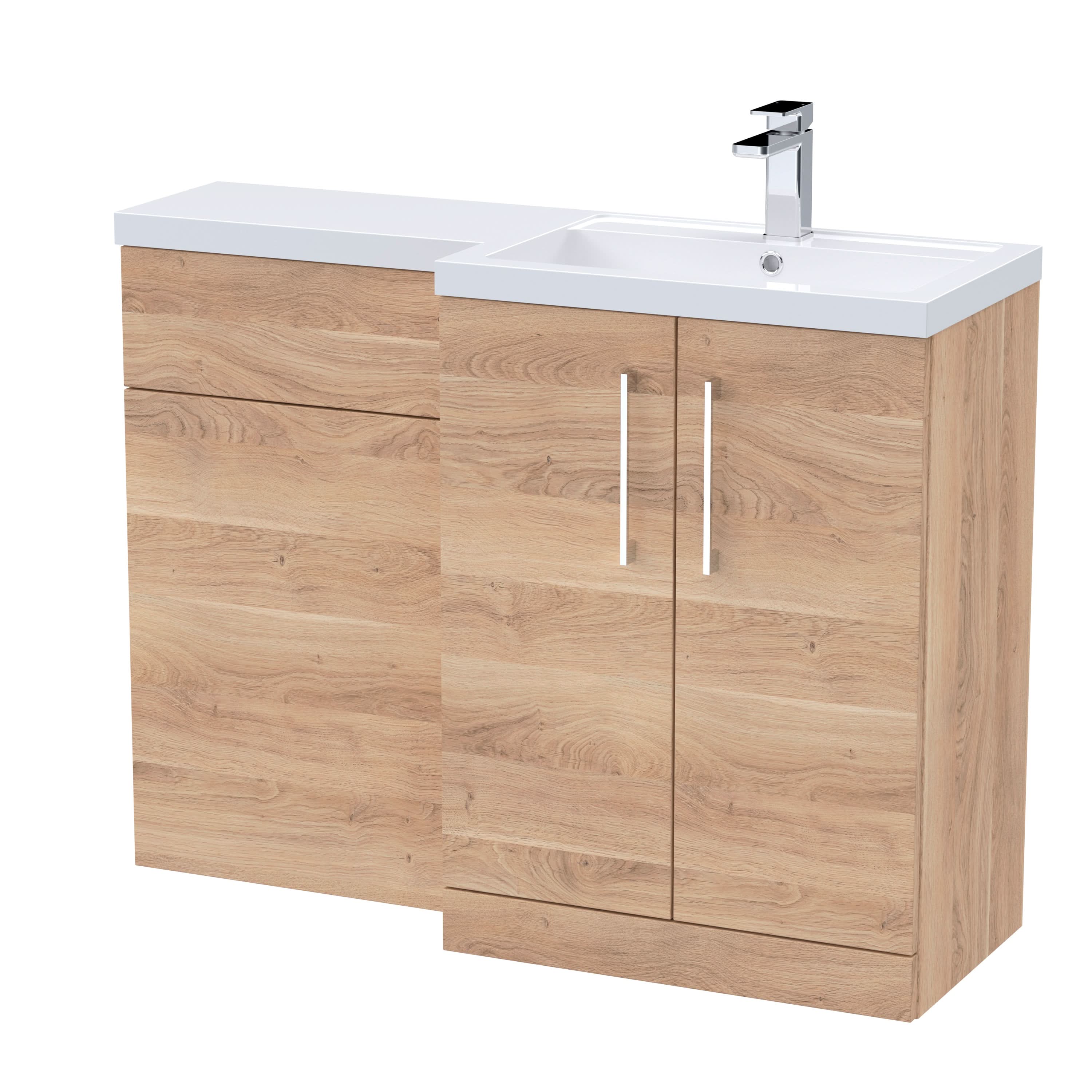 Nuie 1100mm Right Hand Combination, Polymarble Basin Pre-drilled with 1 Tap Hole, Bathroom Storage Unit in Bleached Oak