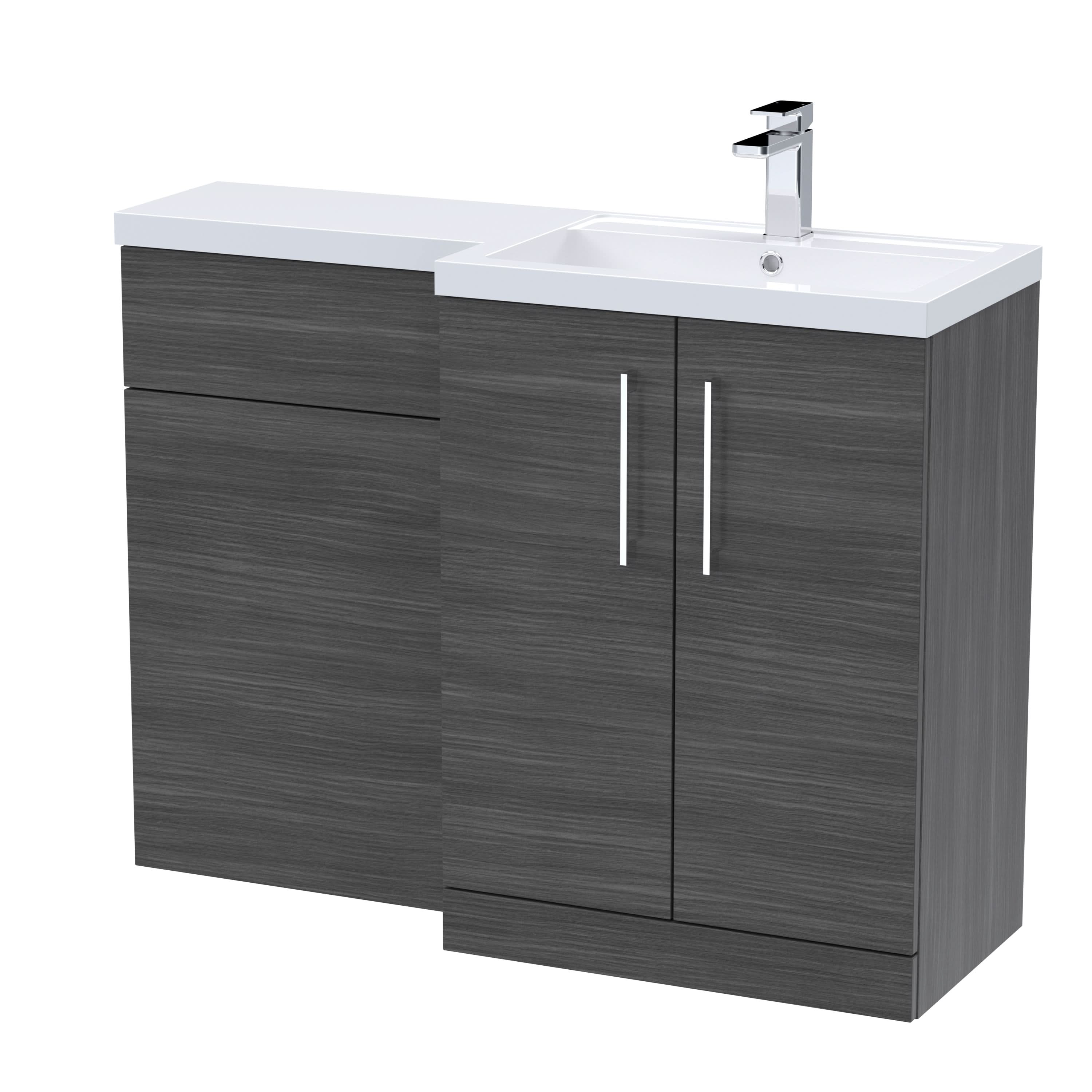 Nuie 1100mm Right Hand Combination, Polymarble Basin Pre-drilled with 1 Tap Hole, Bathroom Storage Unit in Anthracite Woodgrain