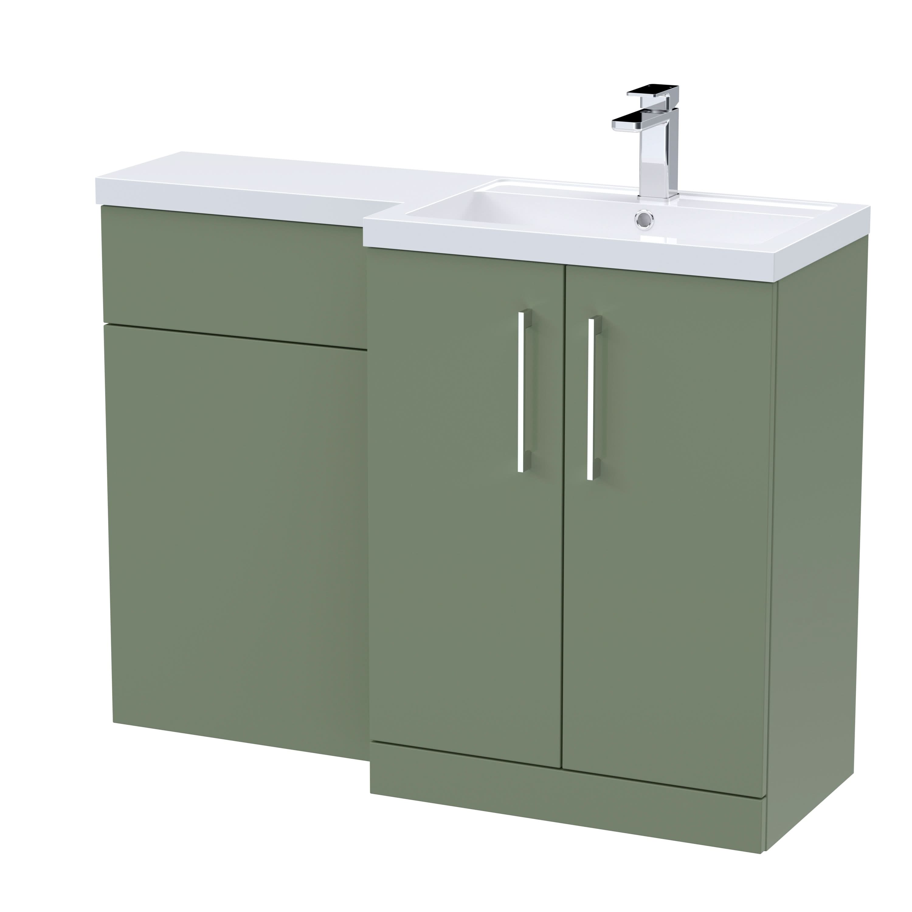 Nuie 1100mm Right Hand Combination, Polymarble Basin Pre-drilled with 1 Tap Hole, Bathroom Storage Unit in Satin Green