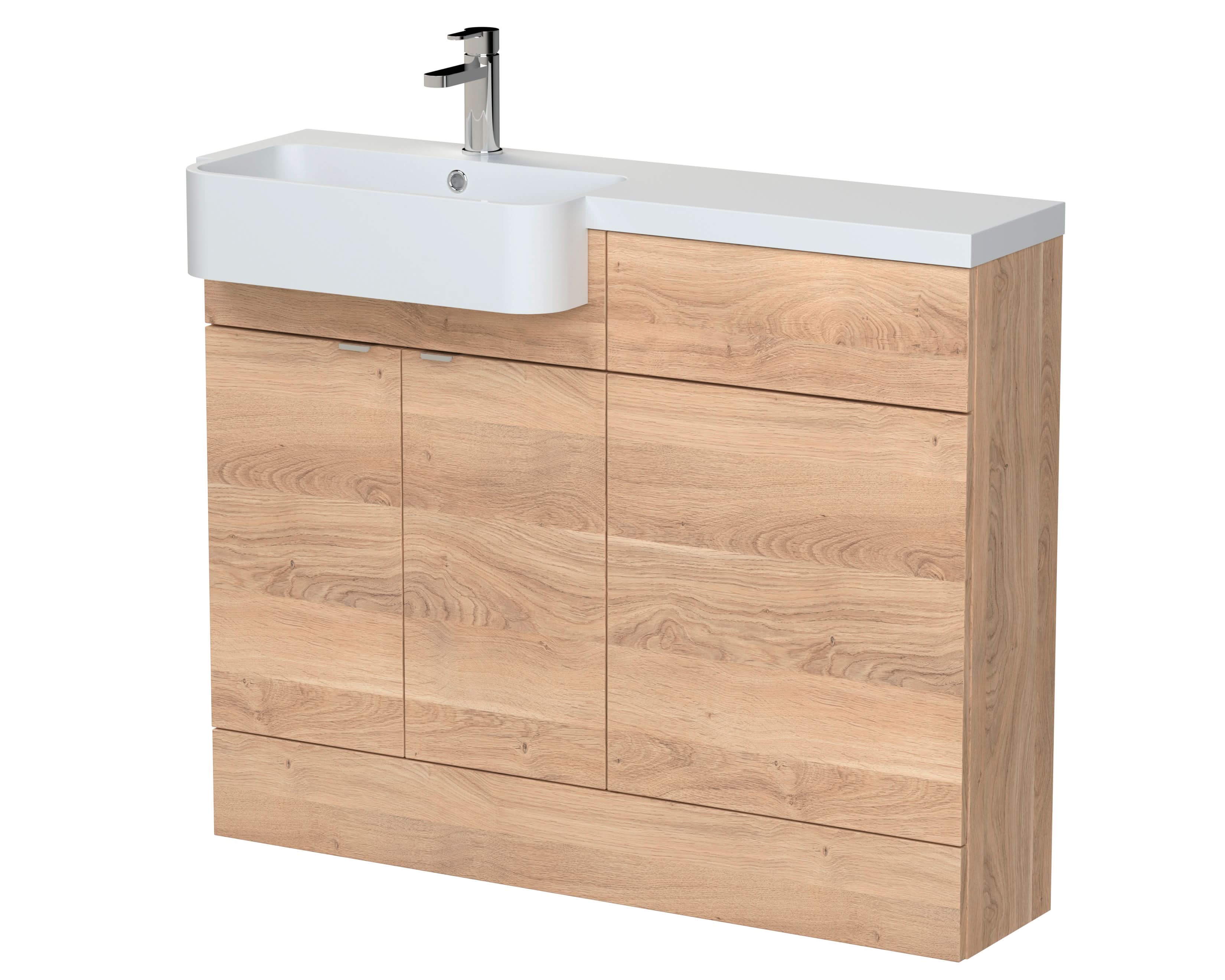 Hudson Reed Fusion Floor Standing Combination Vanity Unit & Left Hand Semi Recessed Basin, Sink Vanity Unit, Bleached Oak, 1100mm