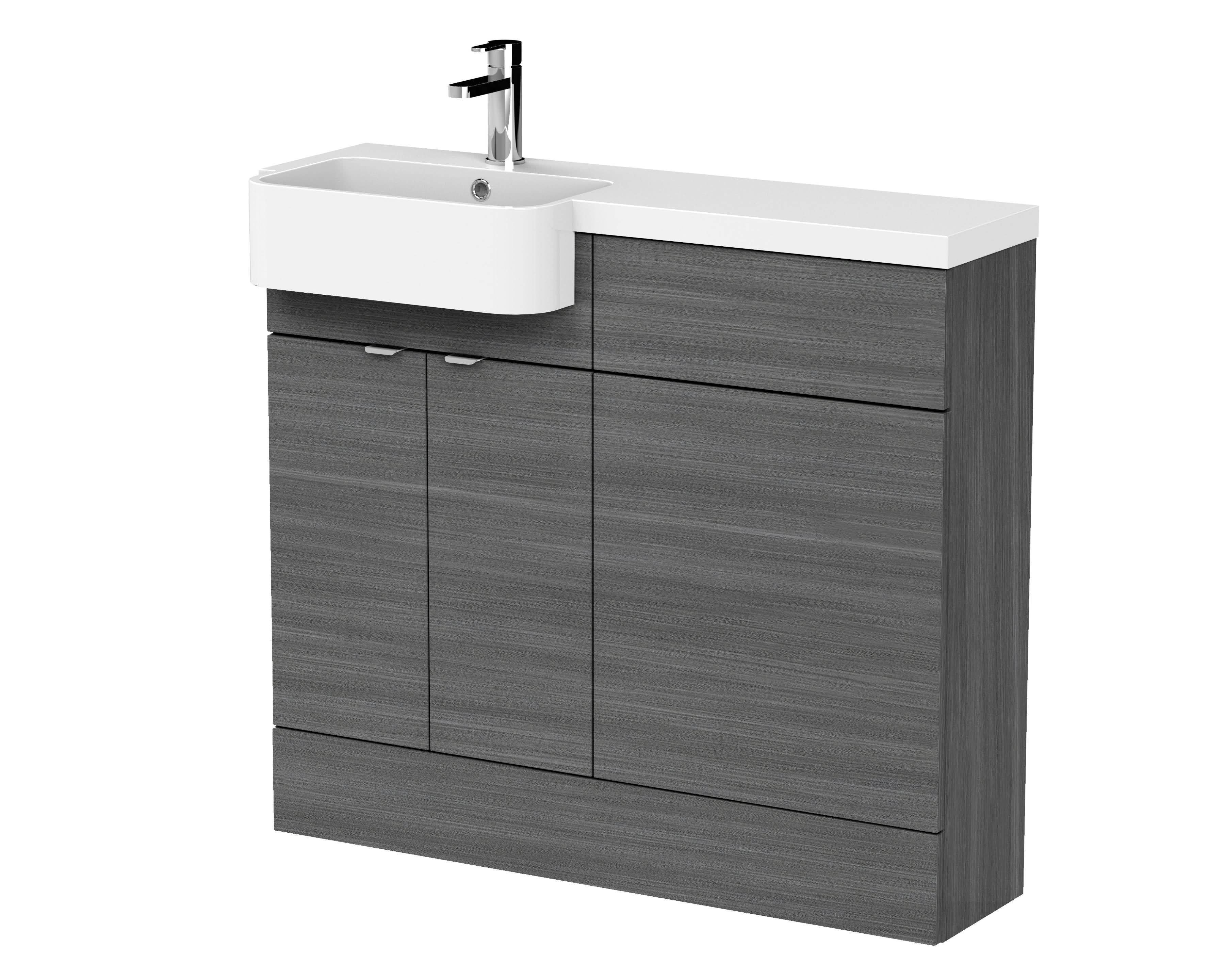 Hudson Reed Fusion Floor Standing 2 Door Vanity Unit & WC, Left Hand Semi Recessed Basin Combination, Sink Vanity Unit, Anthracite Woodgrain, 1000mm