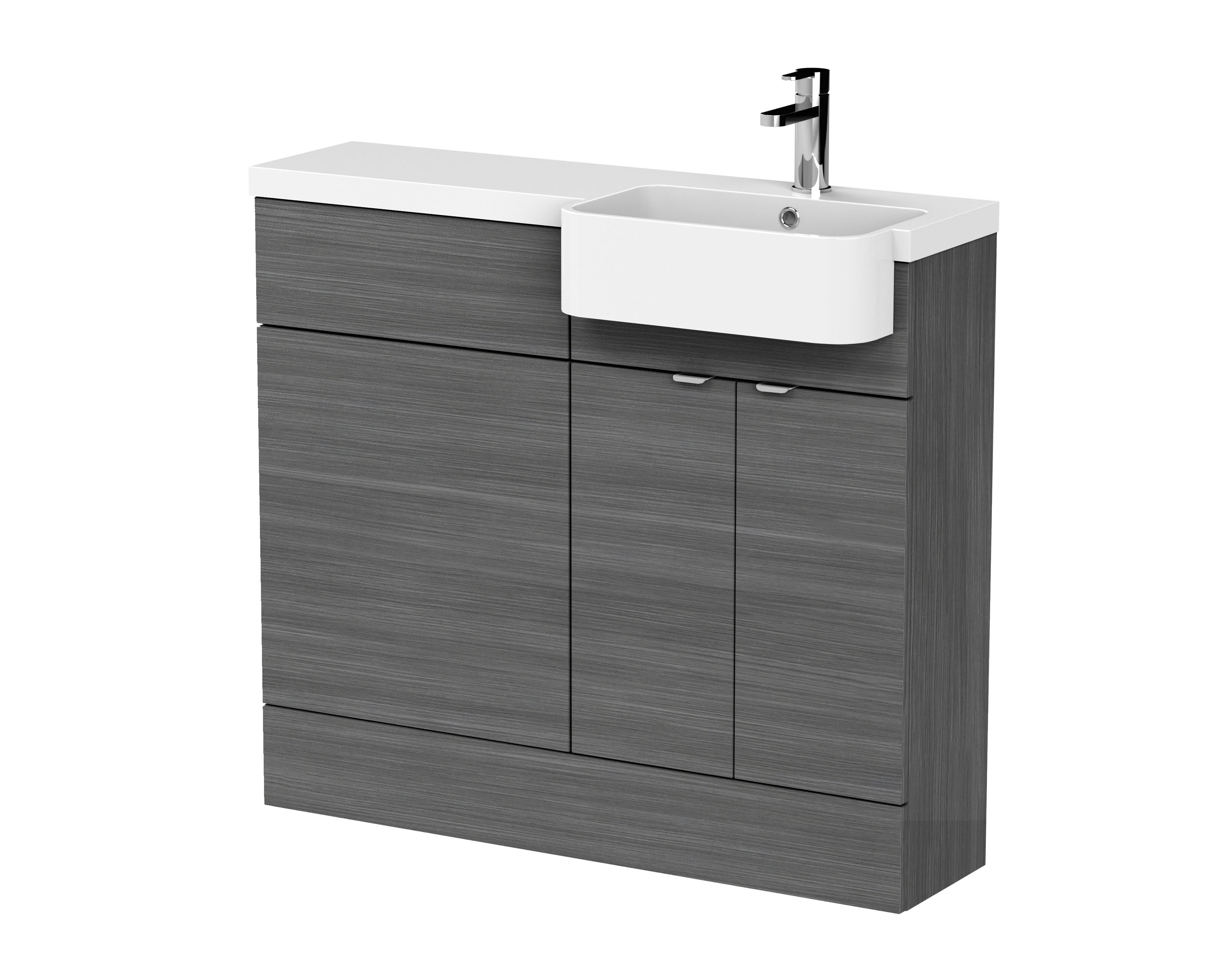 Hudson Reed Fusion Floor Standing 2 Door Vanity Unit & WC, Right Hand Semi Recessed Basin Combination, Sink Vanity Unit, Anthracite Woodgrain, 1000mm