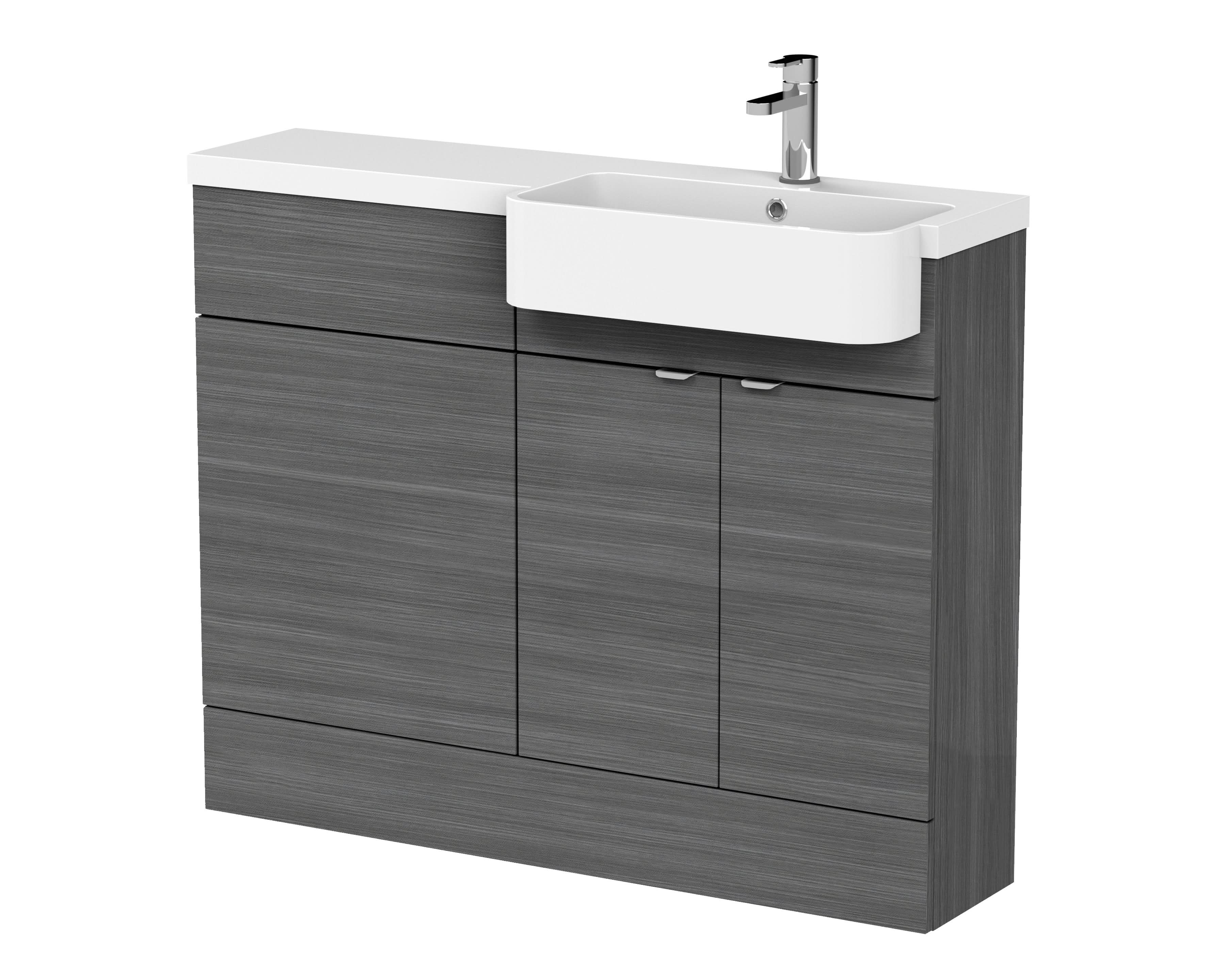 Hudson Reed Fusion Floor Standing 2 Door Vanity Unit & WC with Right Hand Semi Recessed Basin Combination, Sink Vanity Unit, Anthracite Woodgrain, 1100mm