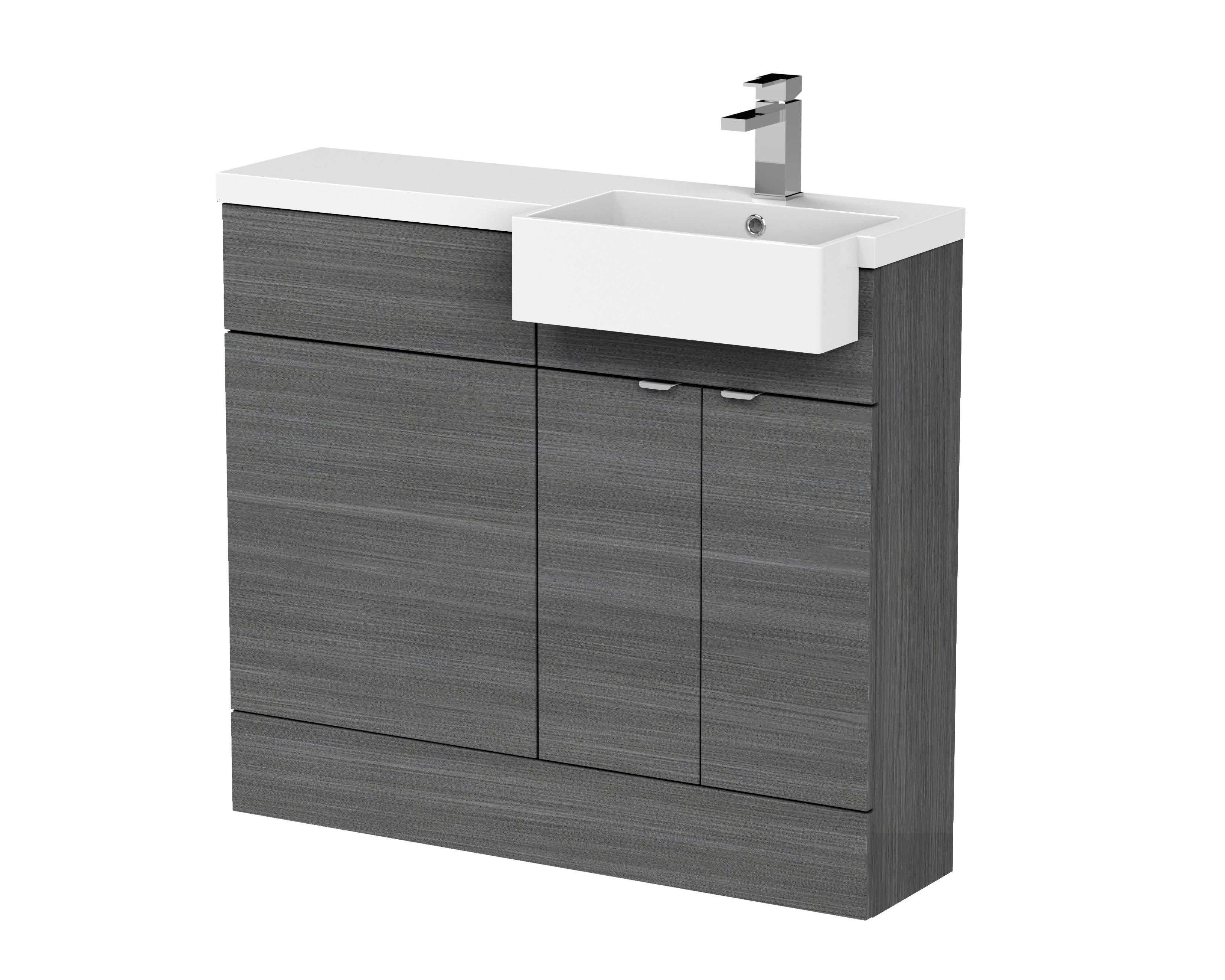 Hudson Reed Fusion Floor Standing 2 Door Vanity Unit & WC with Right Hand Semi Recessed Basin Combination, Sink Vanity Unit, Anthracite Woodgrain, 1000mm