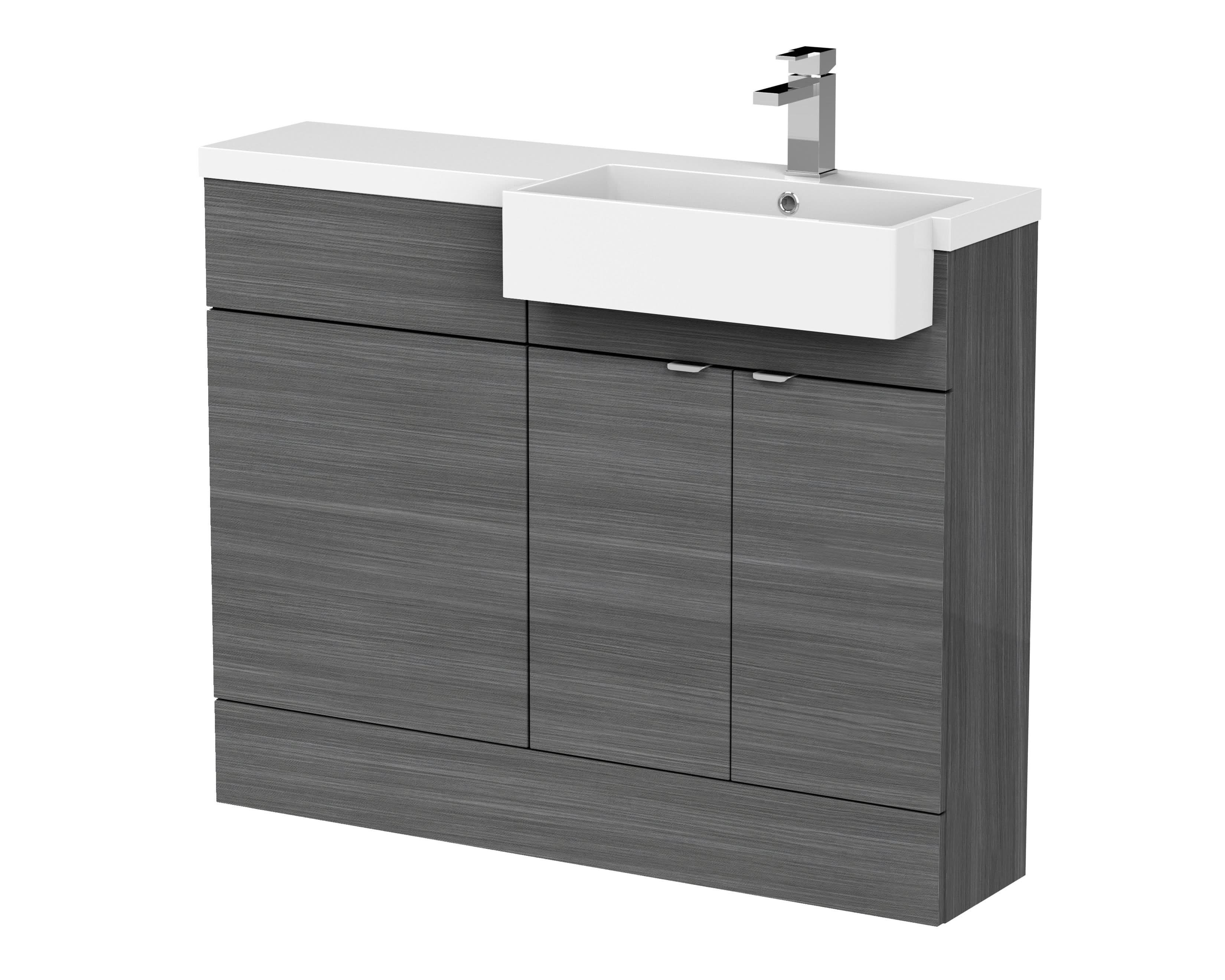 Hudson Reed Fusion Floor Standing 2 Door Vanity Unit & WC with Right Hand Semi Recessed Basin Combination, Sink Vanity Unit, Anthracite Woodgrain, 1100mm
