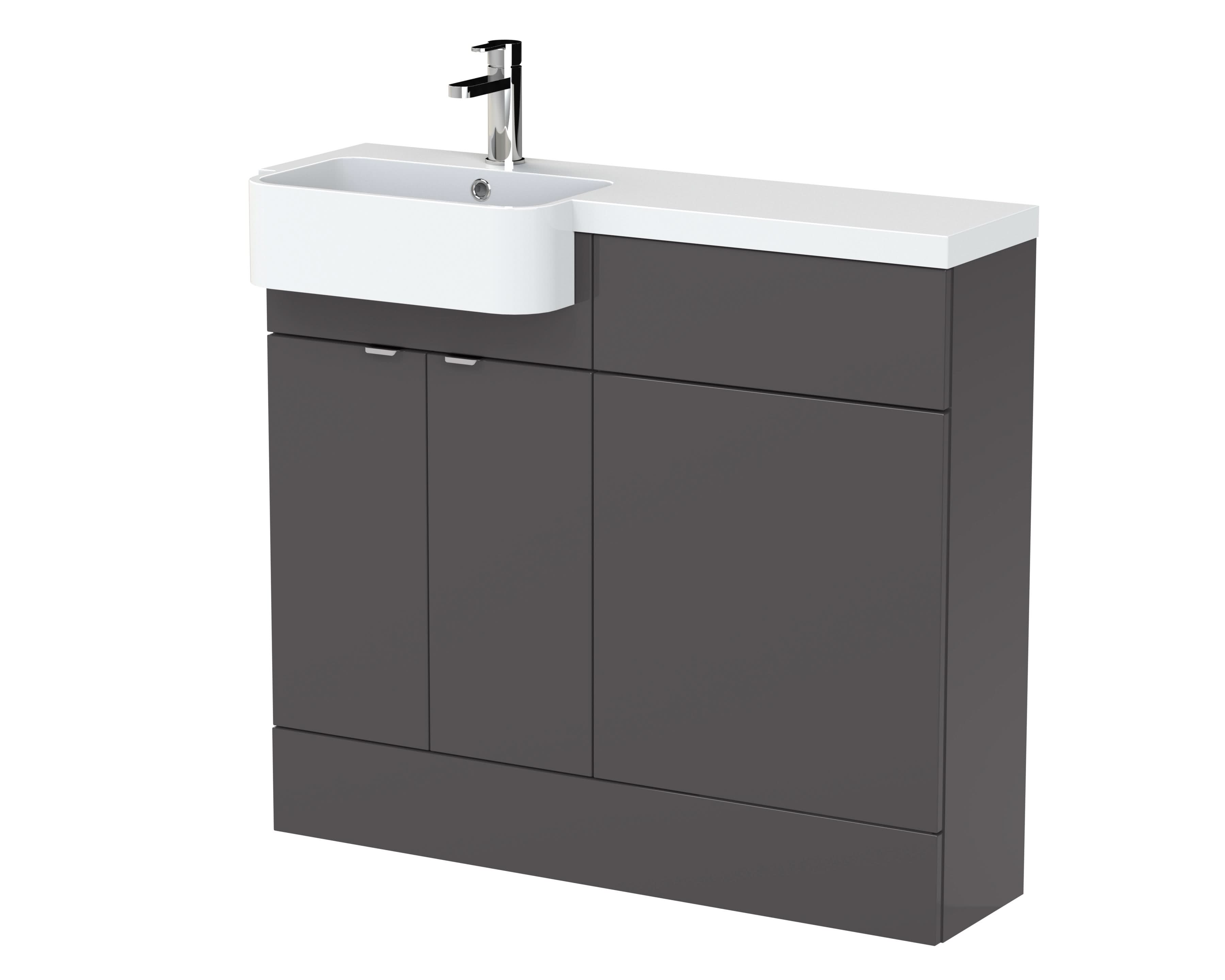 Hudson Reed Fusion Floor Standing 2 Door Vanity Unit & WC with Left Hand Semi Recessed Basin Combination, Sink Vanity Unit, Gloss Grey, 1000mm