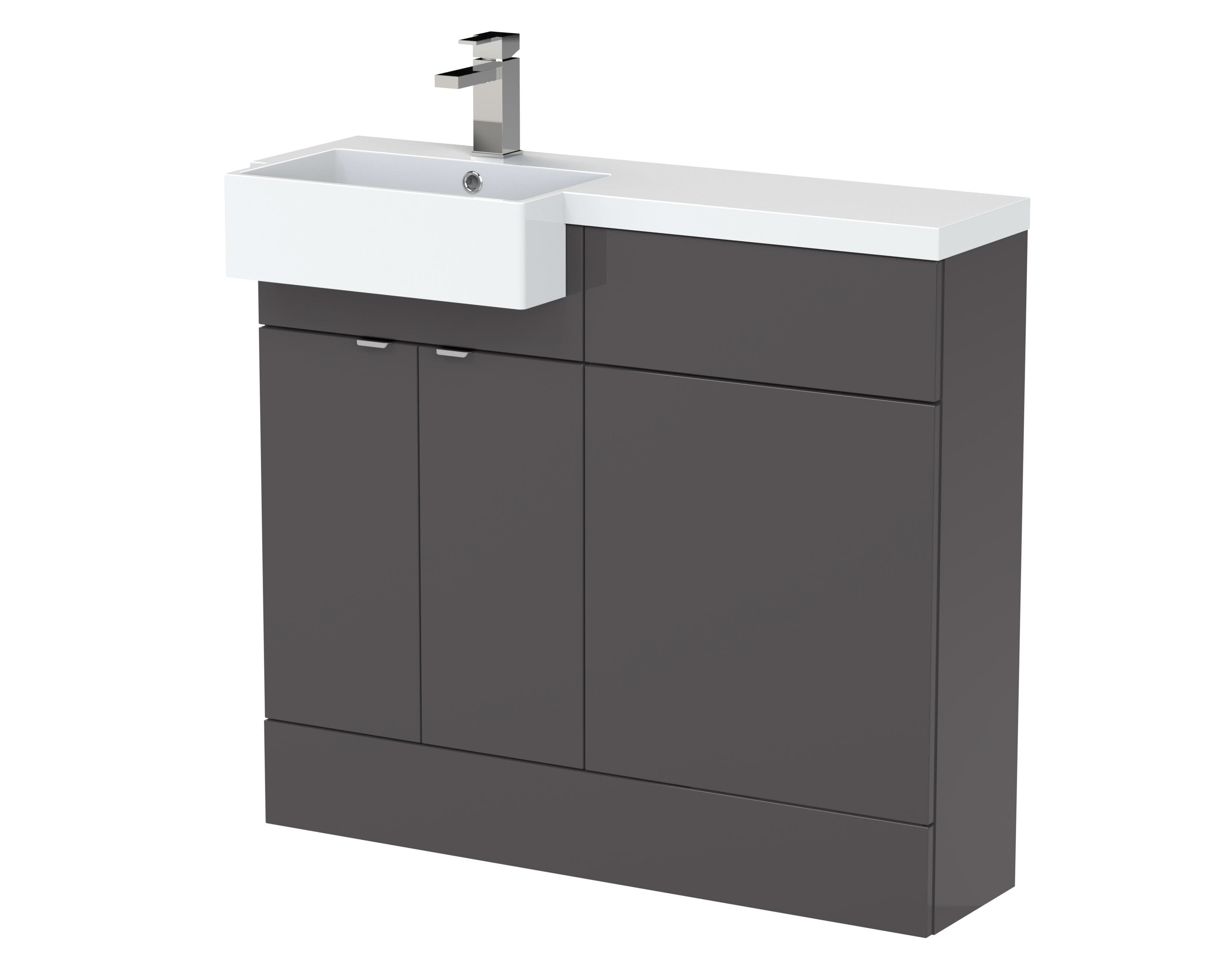 Hudson Reed Fusion Floor Standing 2 Door Vanity Unit & WC with Left Hand Semi Recessed Basin Combination, Sink Vanity Unit, Gloss Grey, 1000mm