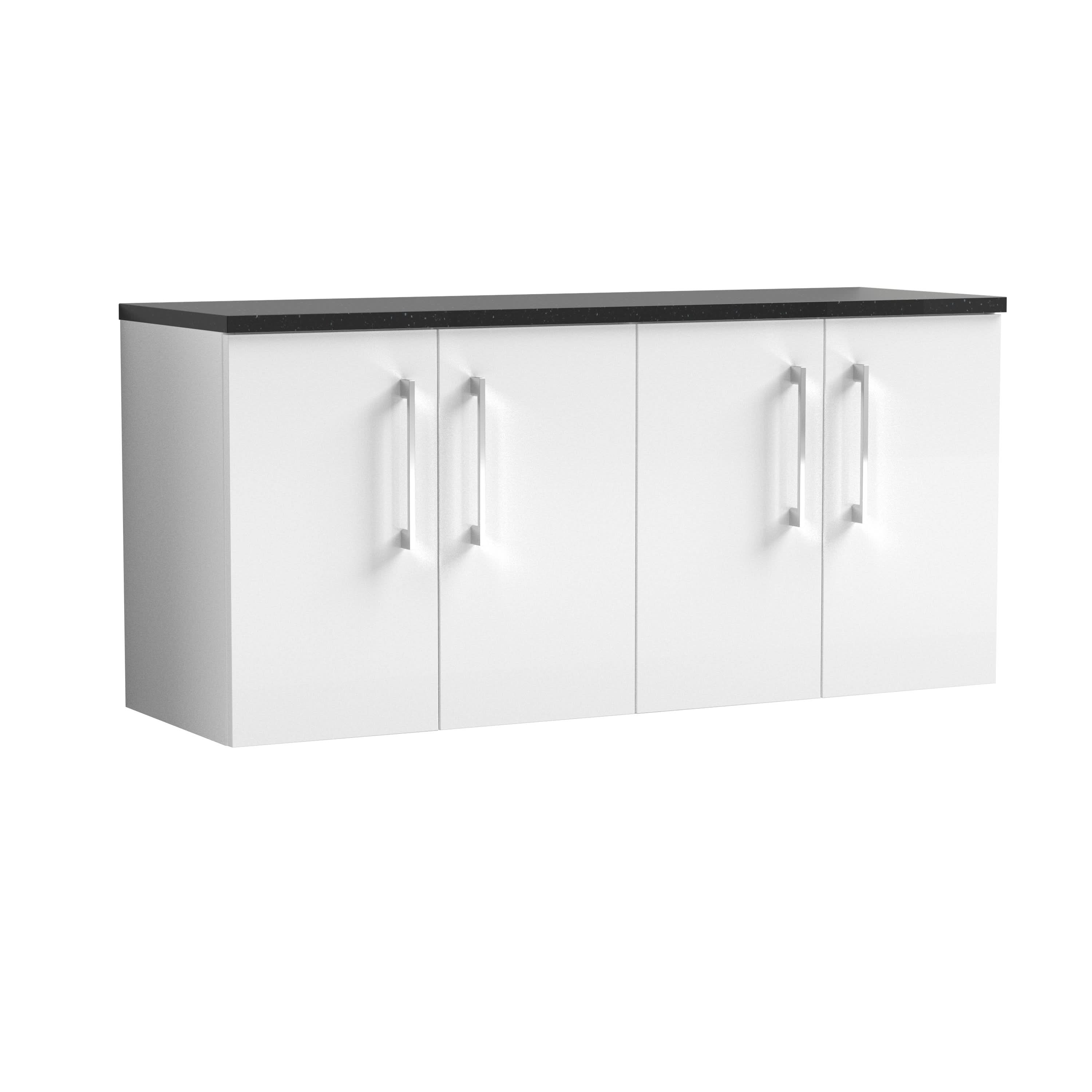 Nuie Arno Wall Hung Vanity Unit with 4 Soft-Close Doors & Black Sparkle Laminate Top, Stylish Countertop Basin Unit in Gloss White, 1200mm