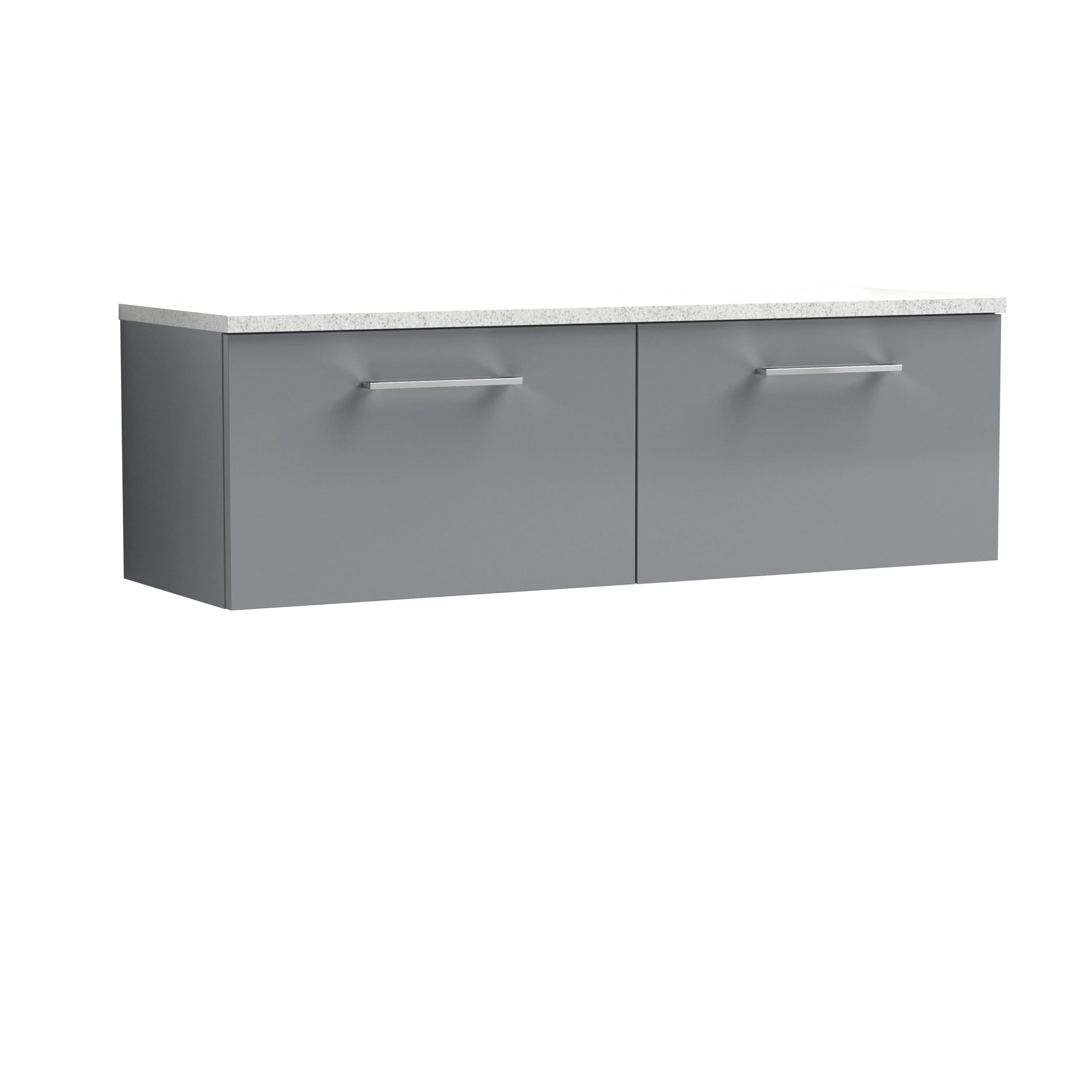 Nuie Arno Wall Hung 2-Drawer Modern Vanity Unit with Sparkling White Laminate Worktop, Stylish Counter Top Vanity Unit in Satin Grey, 1200mm