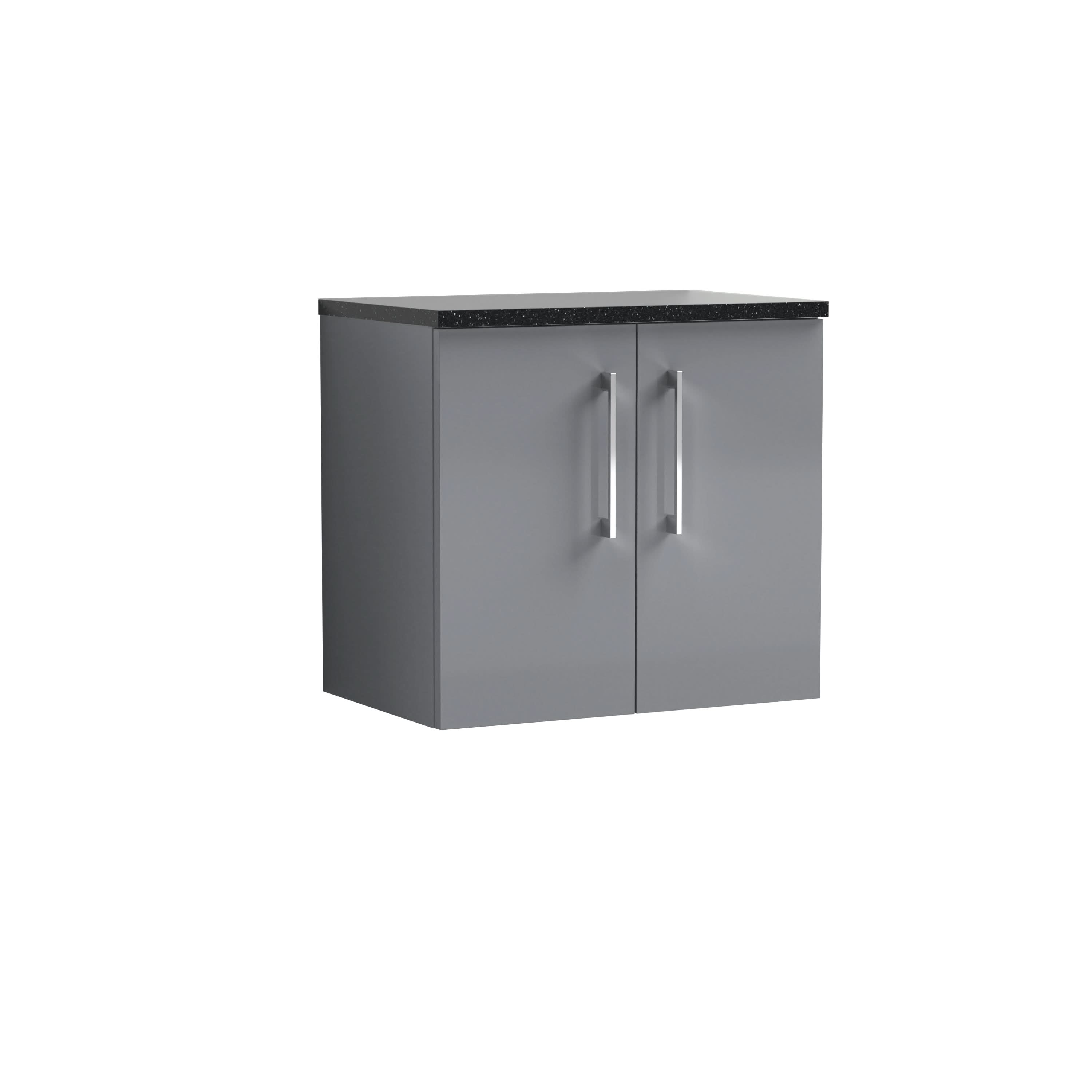 Nuie Arno Wall Hung 2-Door Vanity Unit & Laminate Worktop in Sparkling Black, Modern Counter Top Vanity Unit in Satin Grey, 600mm