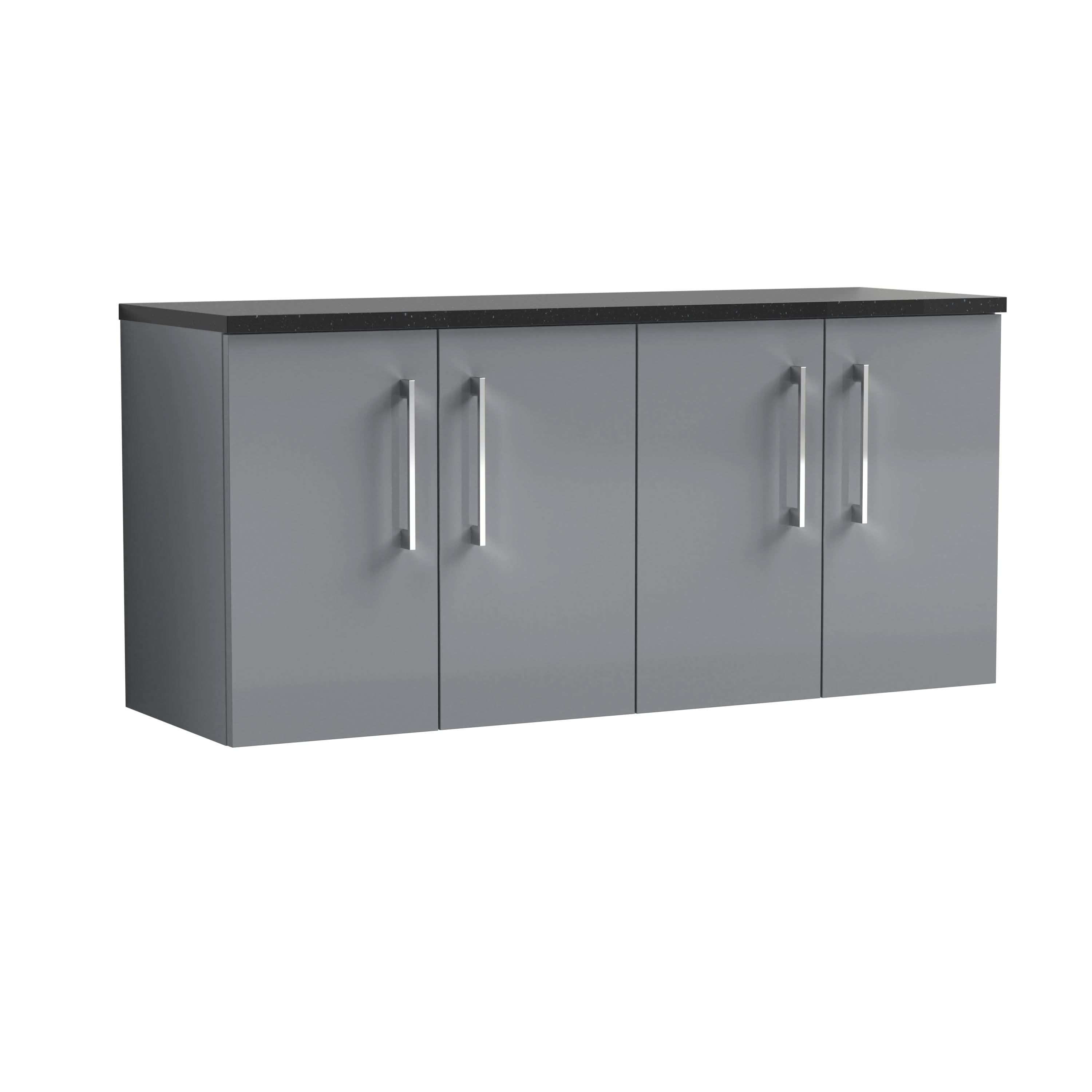 Nuie Arno Wall Hung 4-Door Vanity Unit & Laminate Worktop in Black Sparkle, Modern Counter Top Vanity Unit in Satin Grey, 1200mm