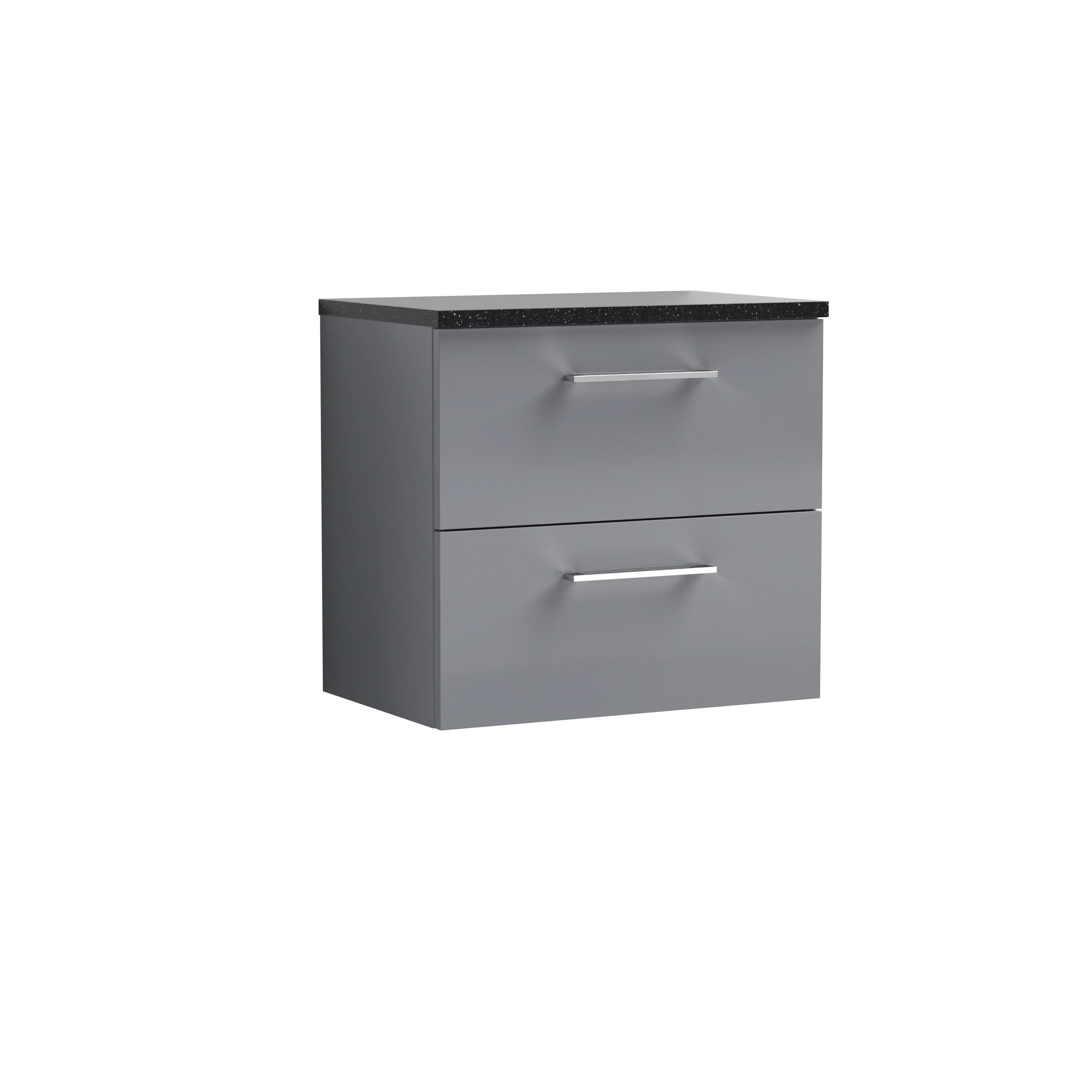 Nuie Arno Wall Hung 2-Drawer Vanity Unit & Laminate Worktop in Sparkling Black, Modern Counter Top Vanity Unit in Satin Grey, 600mm