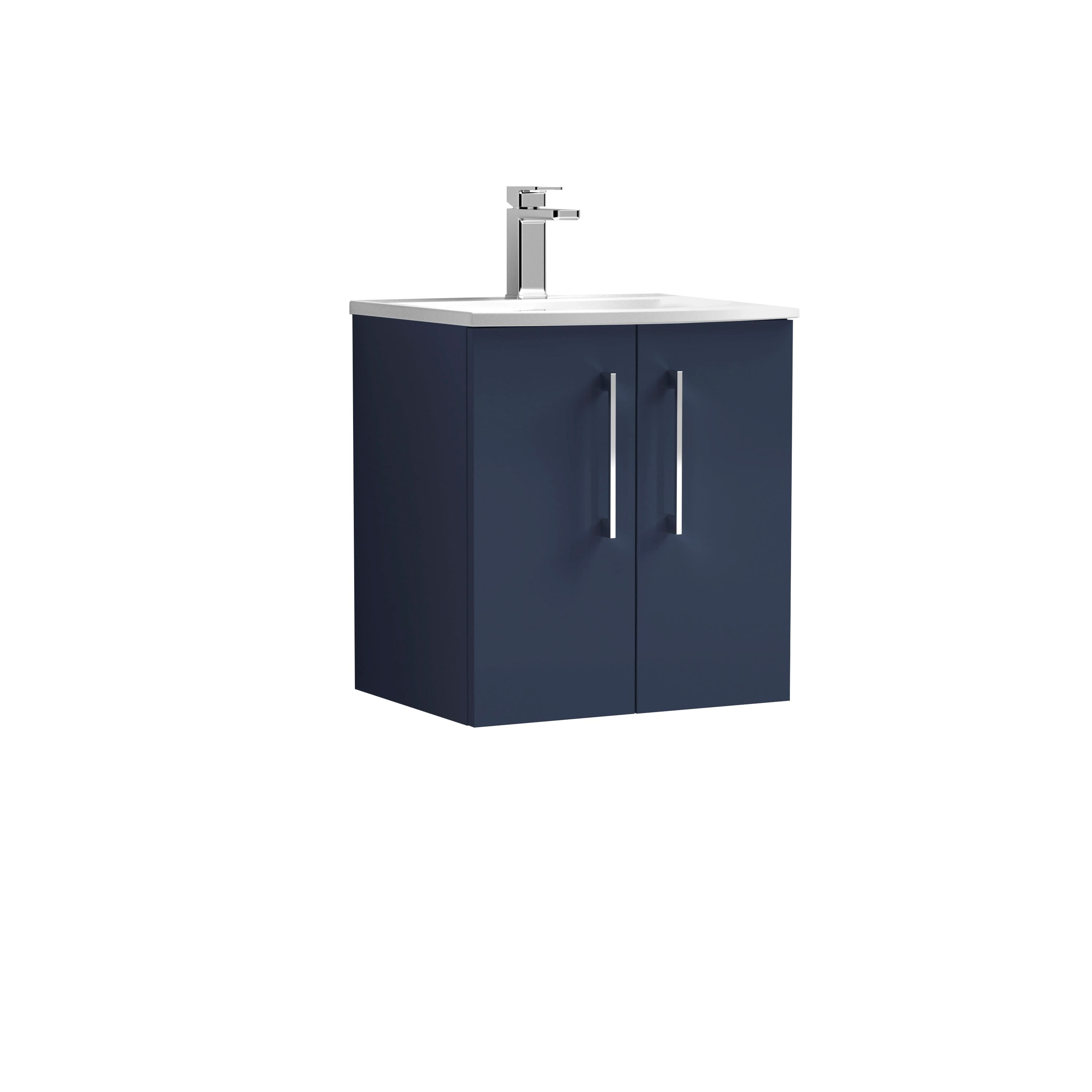 Nuie Arno Wall Hung 2 Door Vanity Unit & Curved Ceramic Basin, Compact Sink Vanity Unit in Midnight Blue, 500mm