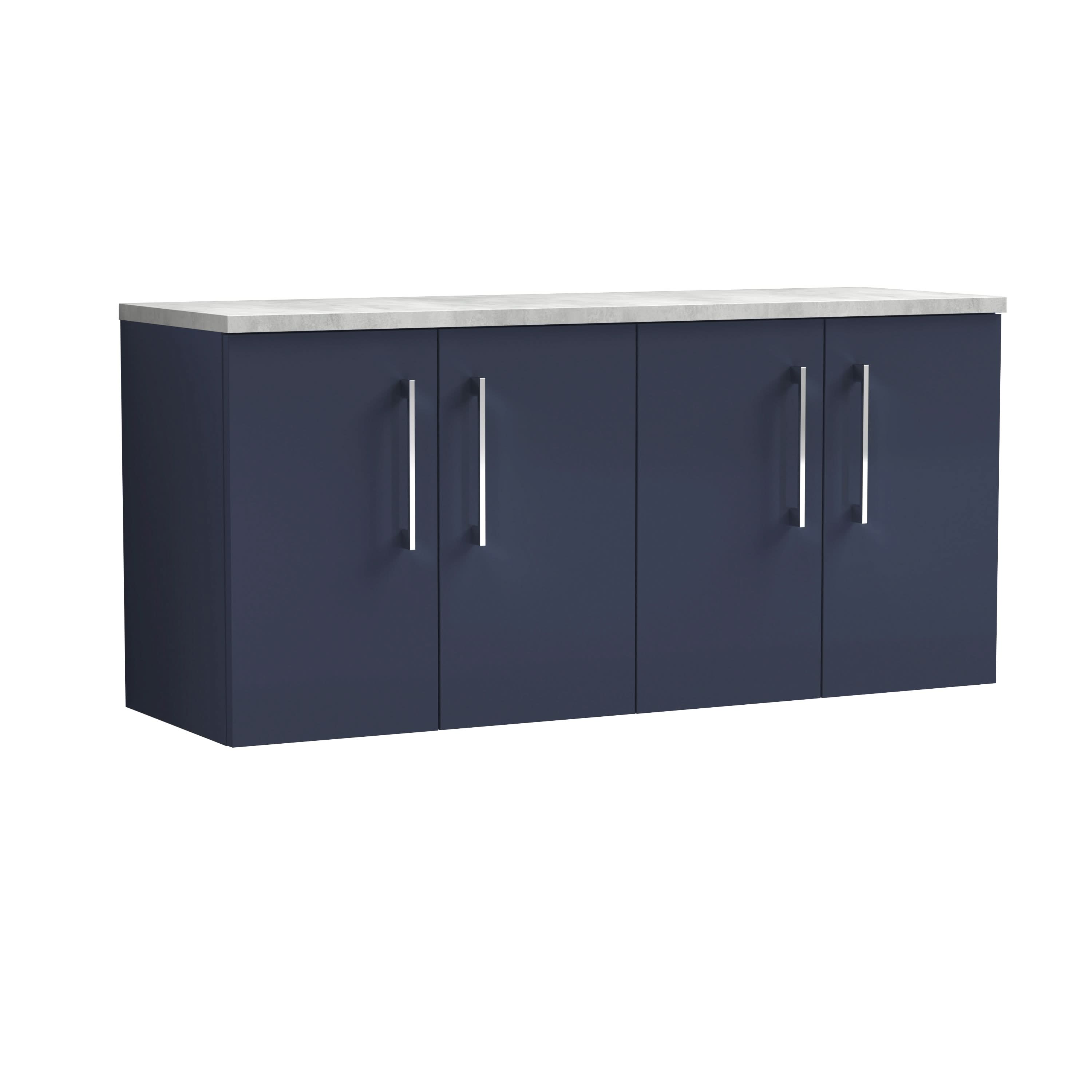 Nuie Arno Wall Hung 4-Door Vanity Unit & Bellato Grey Laminate Worktop, Sleek Counter Top Vanity Unit in Midnight Blue, 1200mm