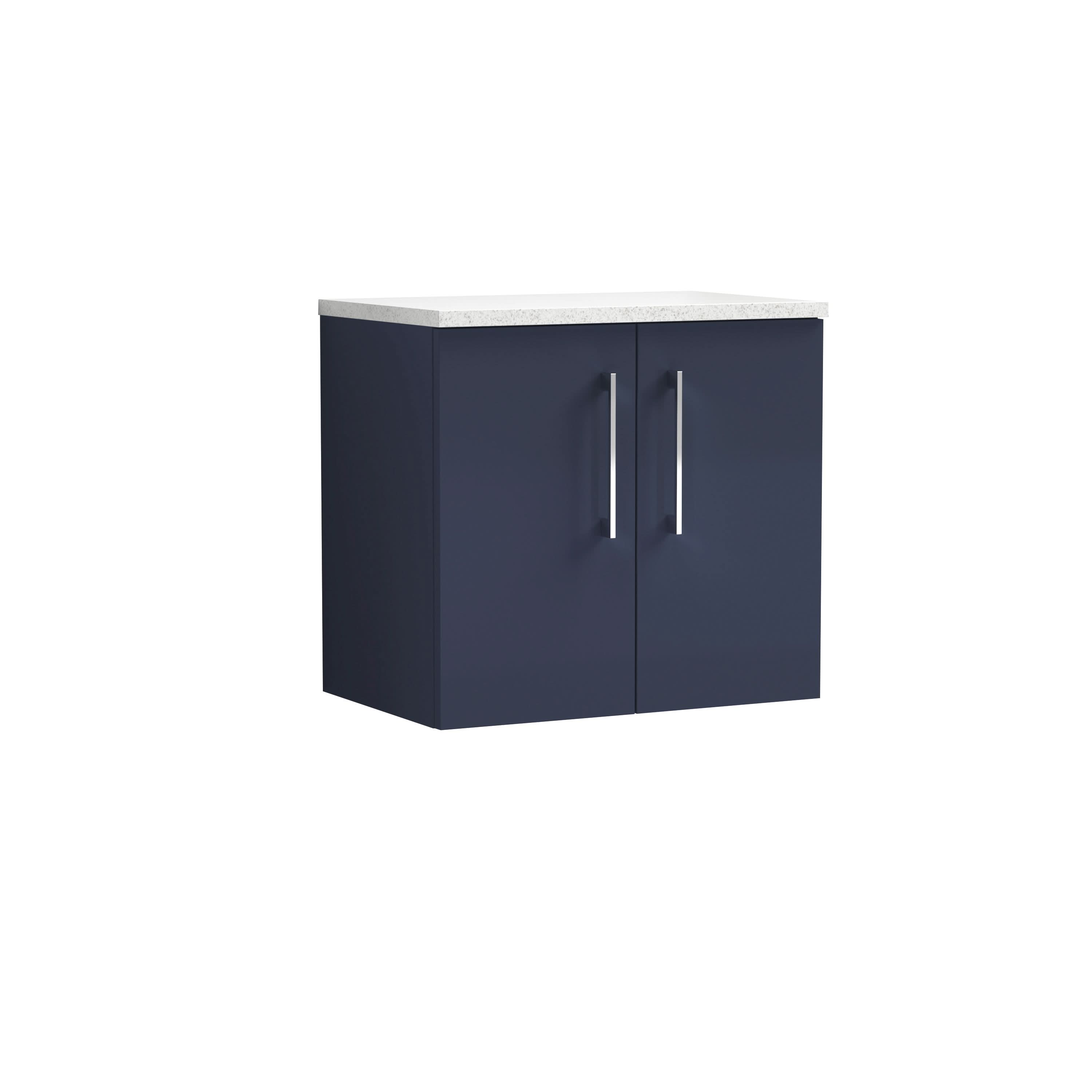 Nuie Arno Wall Hung 2-Door Vanity & Sparkling White Laminate Worktop, Stylish Counter Top Vanity Unit in Midnight Blue, 600mm