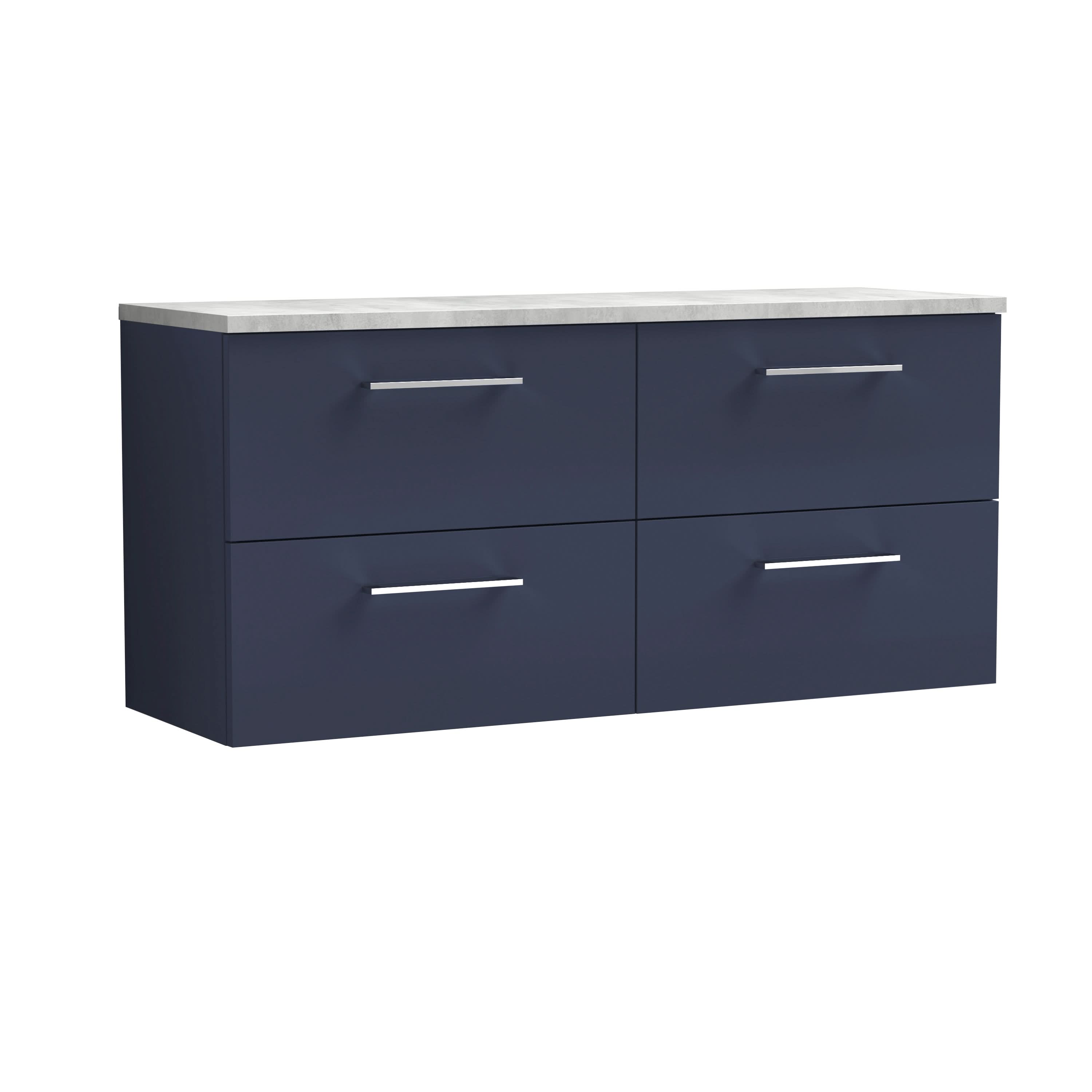 Nuie Arno Wall Hung 4-Drawer Vanity & Bellato Grey Laminate Worktop, Stylish Counter Top Vanity Unit in Midnight Blue, 1200mm