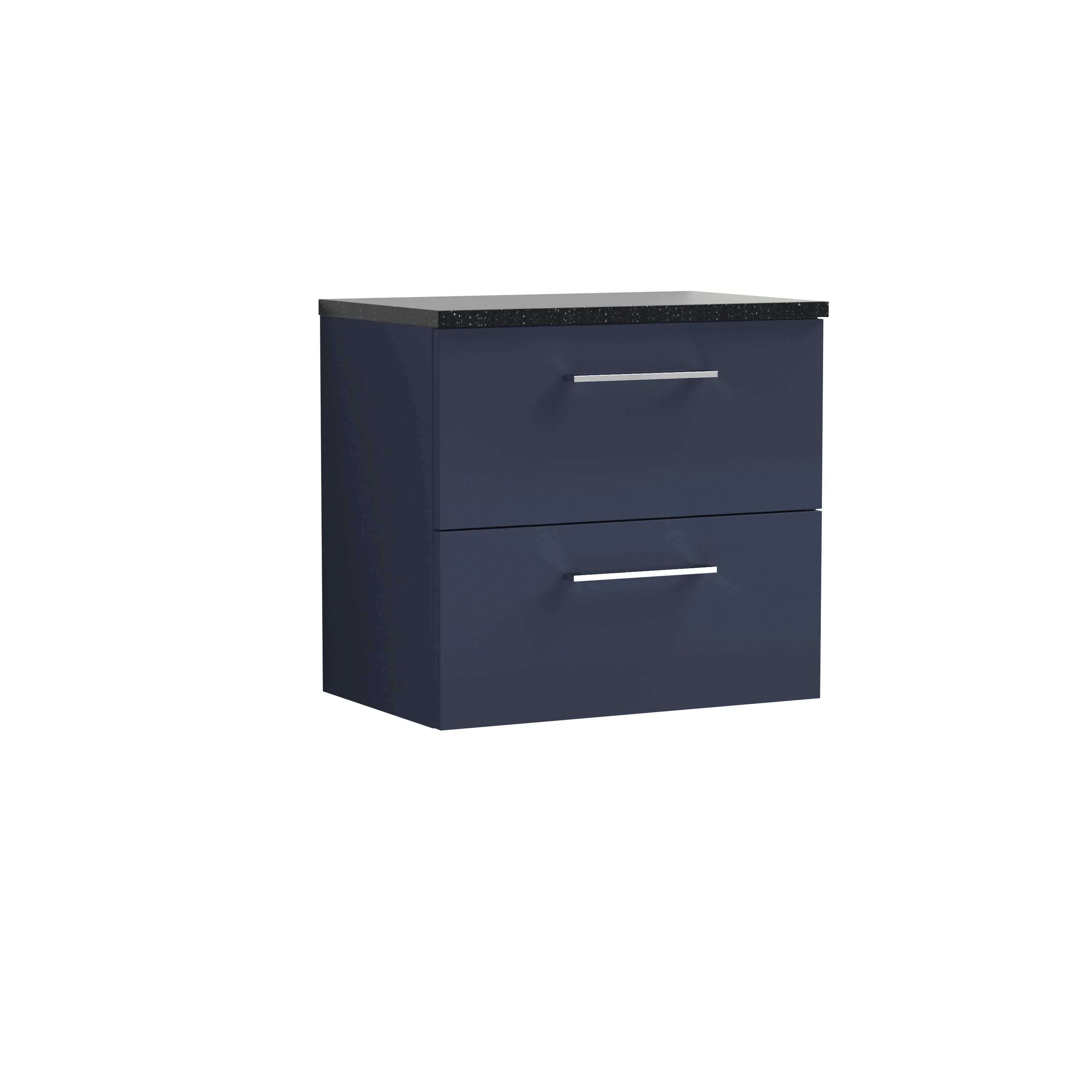 Nuie Arno Wall Hung 2-Drawer Vanity & Black Laminate Worktop, Stylish Counter Top Vanity Unit in Midnight Blue, 600mm