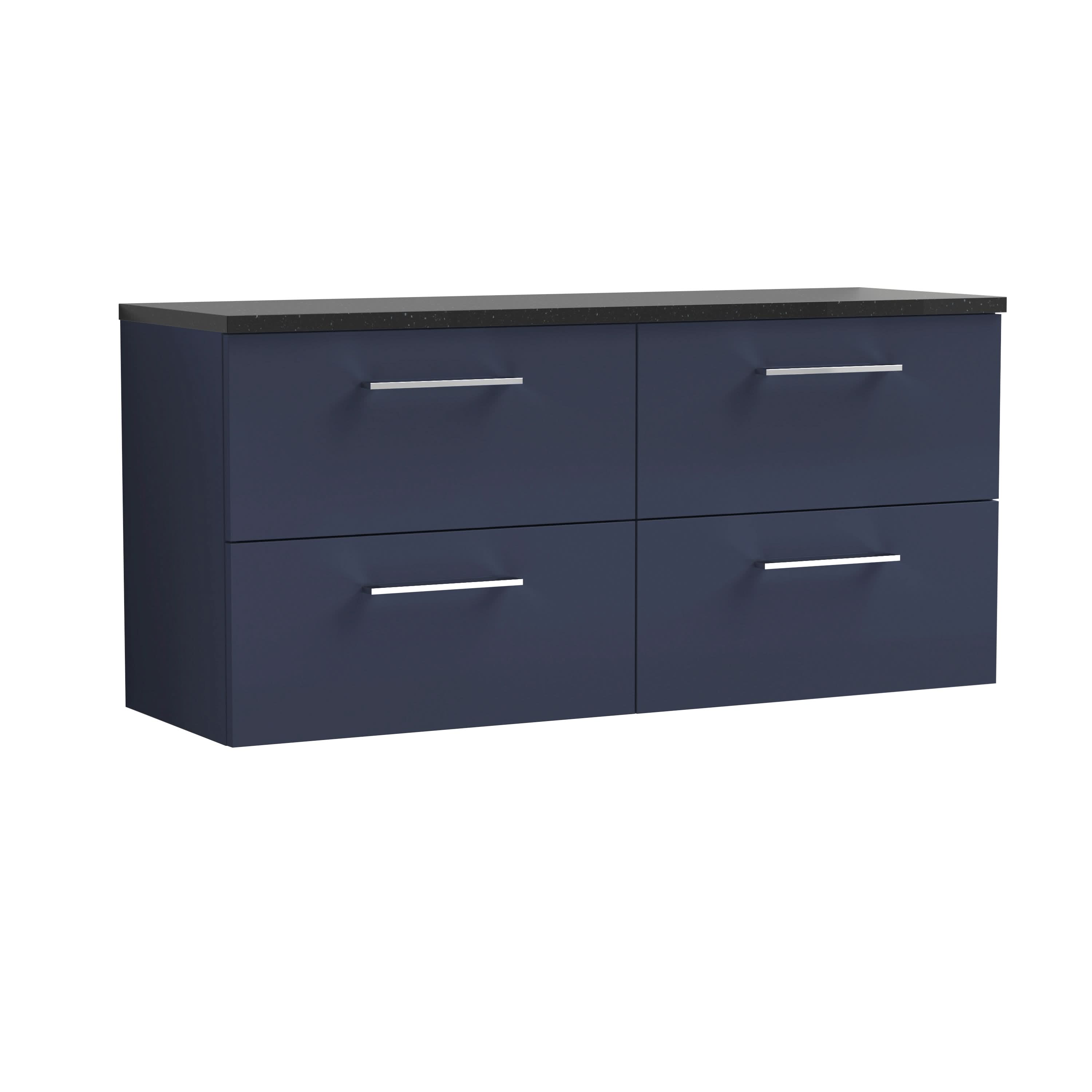 Nuie Arno Wall Hung 4-Drawer Vanity & Black Laminate Worktop, Stylish Counter Top Vanity Unit in Midnight Blue, 1200mm