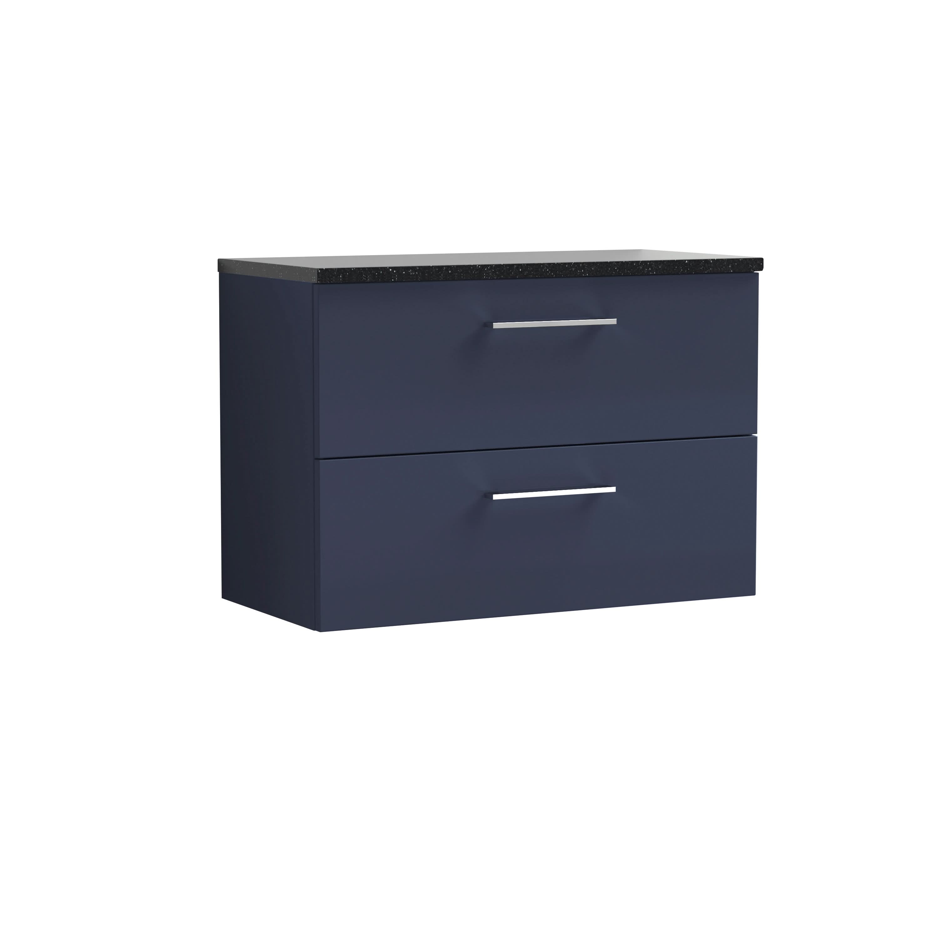 Nuie Arno Wall Hung 2-Drawer Vanity & Black Laminate Worktop, Stylish Counter Top Vanity Unit in Midnight Blue, 800mm