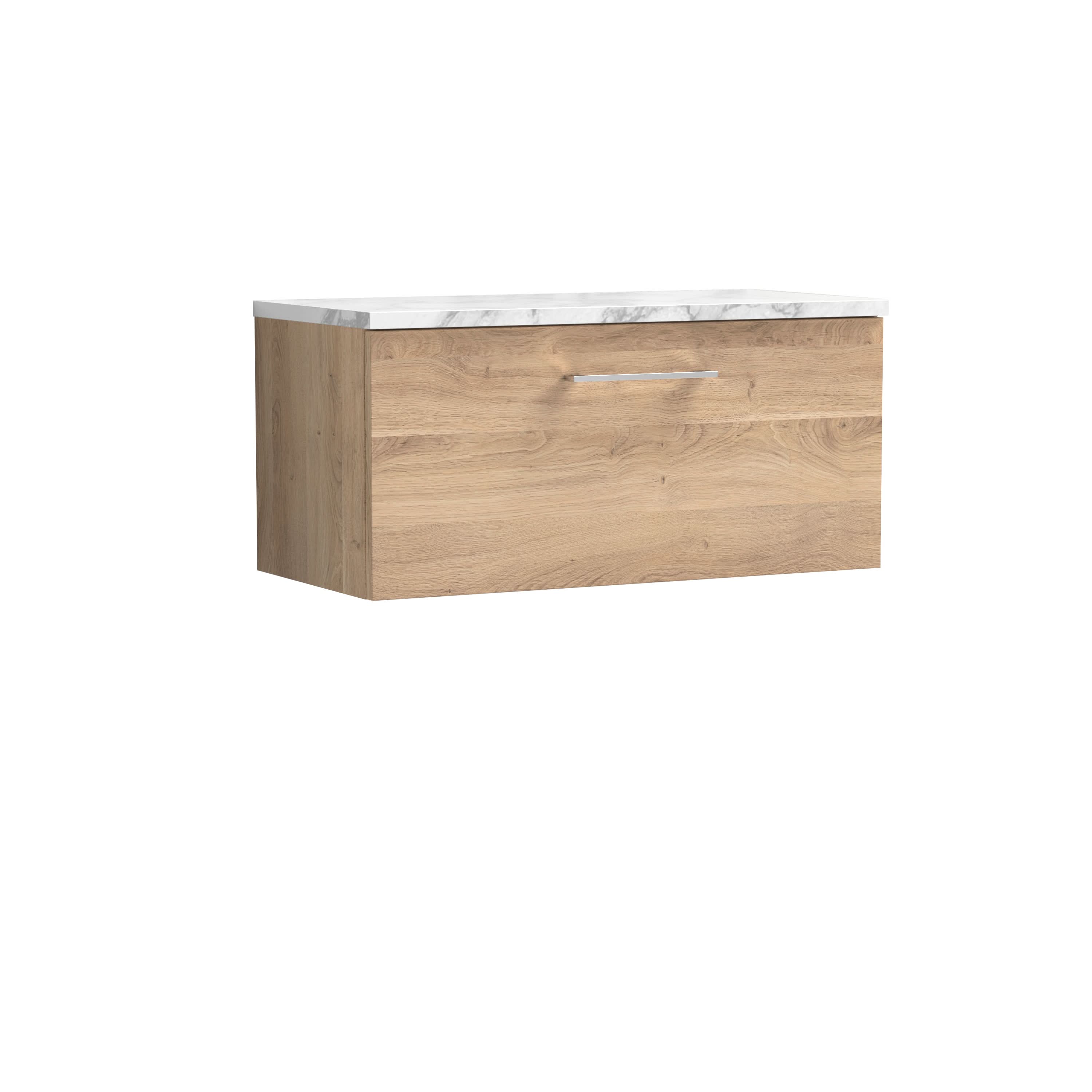 Nuie Arno Wall Hung 1-Drawer Vanity & Carrera Marble Laminate Worktop, Stylish Counter Top Vanity Unit in Bleached Oak, 800mm