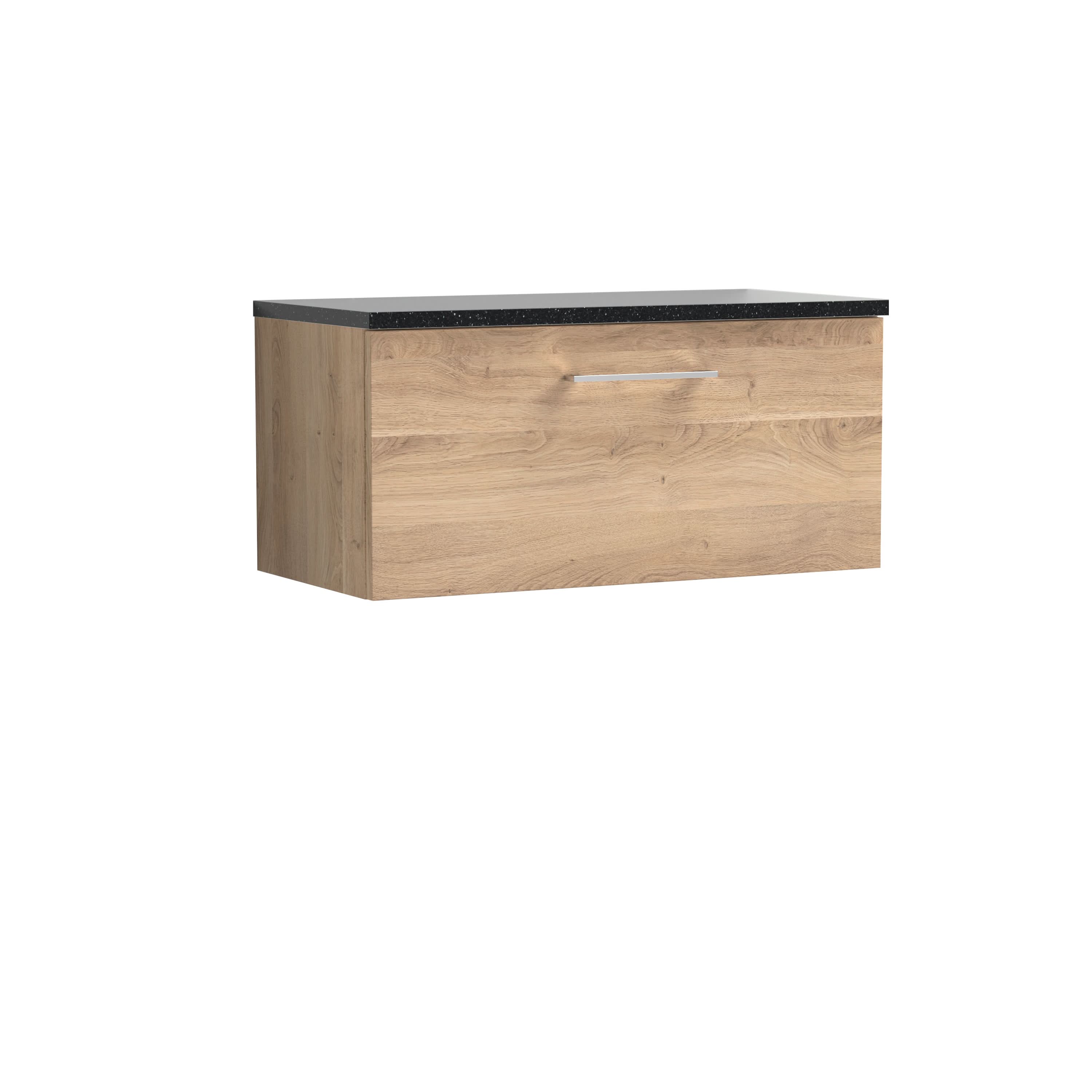 Nuie Arno Wall Hung 1-Drawer Vanity & Black Laminate Worktop, Stylish Counter Top Vanity Unit in Bleached Oak, 800mm