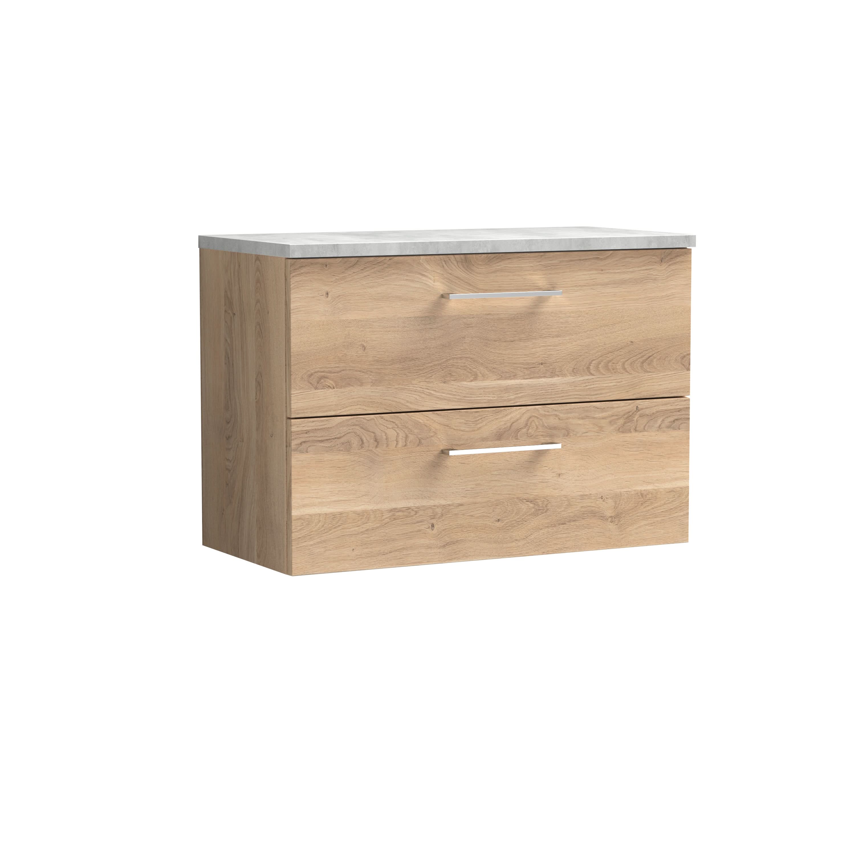 Nuie Arno Wall Hung 2-Drawer Vanity & Bellato Grey Laminate Worktop, Stylish Counter Top Vanity Unit in Bleached Oak, 800mm