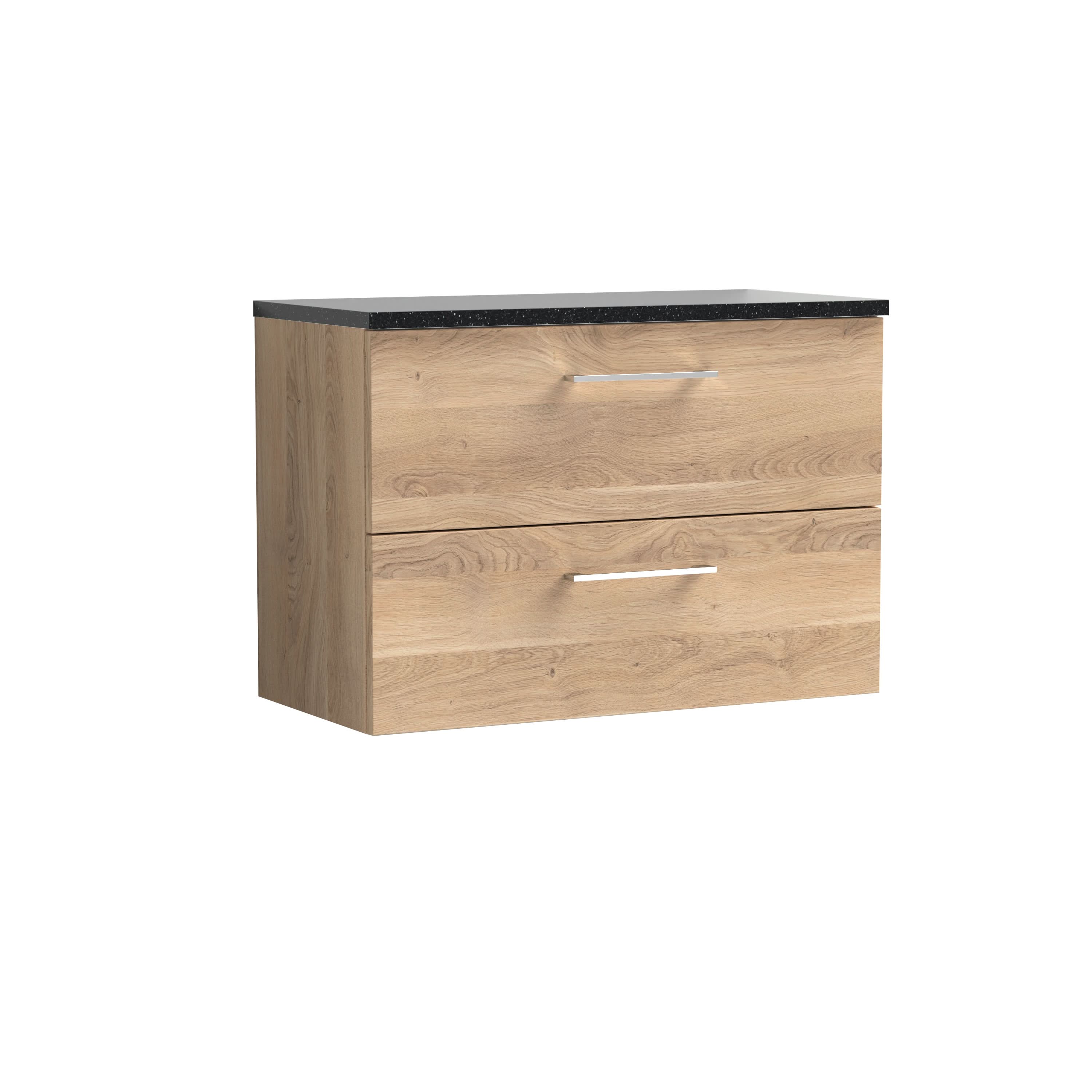 Nuie Arno Wall Hung 2-Drawer Vanity & Black Laminate Worktop, Stylish Counter Top Vanity Unit in Bleached Oak, 800mm