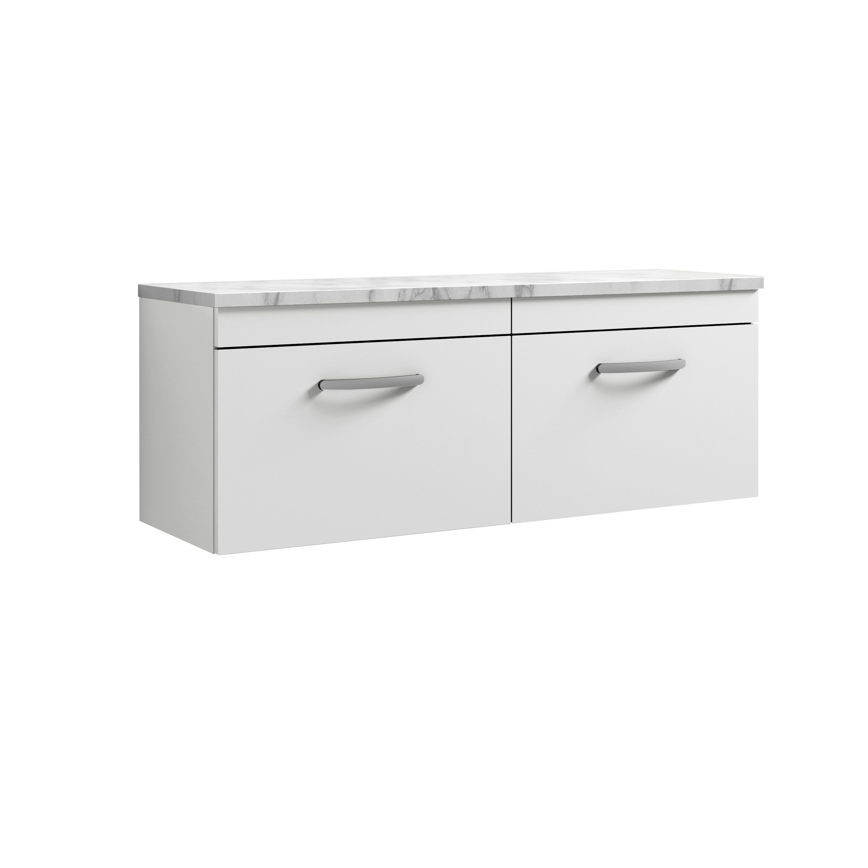 Nuie Arno Wall Hung Vanity Unit with 2 Soft-Close Drawers & Carrera Marble Laminate Top, Modern Counter Top Vanity Unit in Gloss White, 1200mm