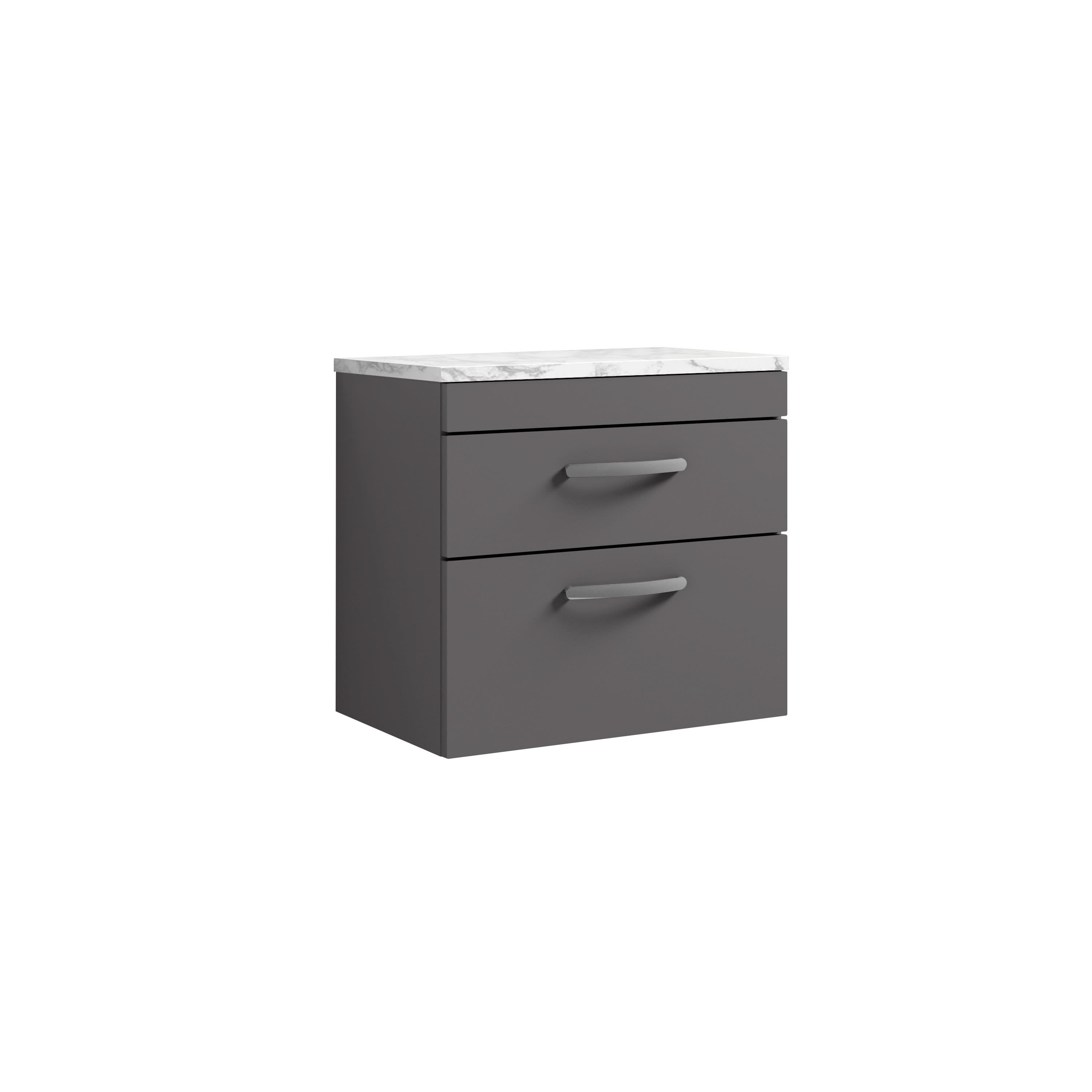 Nuie Athena Wall Hung 2-Drawer Vanity Unit with Laminate Worktop in Gloss Grey, Sleek Counter Top Vanity Unit in Gloss Grey, 600mm