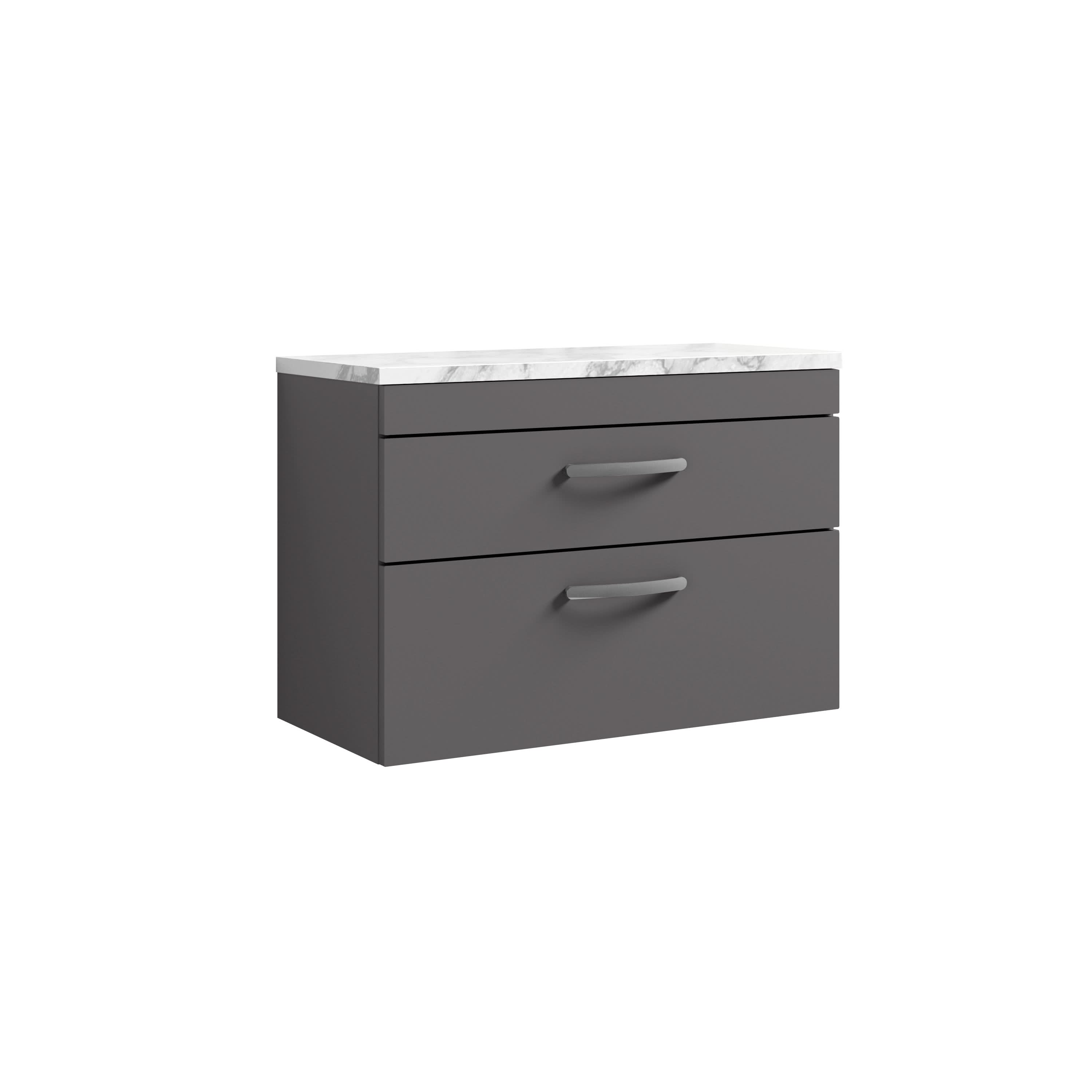 Nuie Athena Wall Hung 2-Drawer Vanity Unit with Laminate Worktop in Carrera Marble, Sleek Counter Top Vanity Unit in Gloss Grey, 800mm