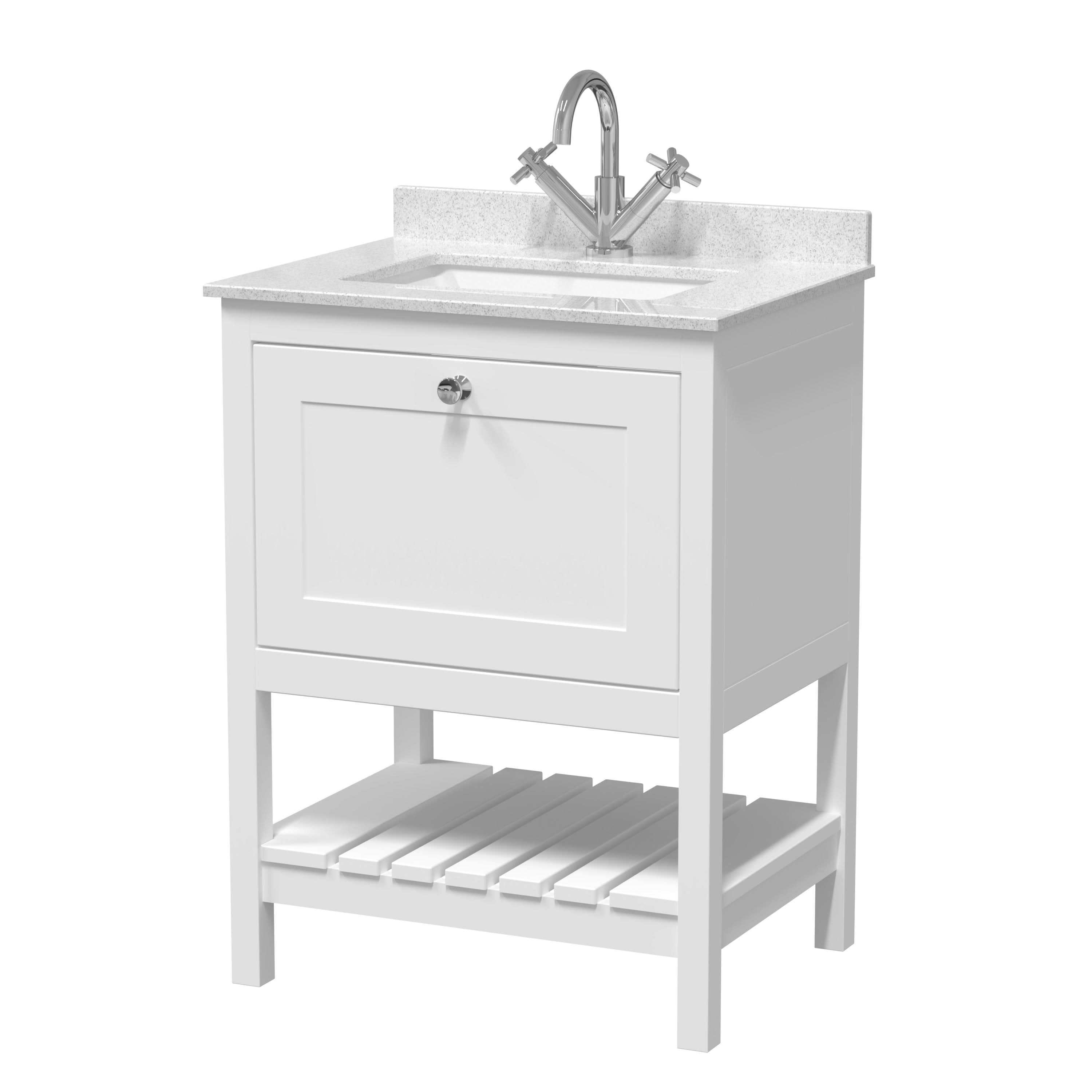 Old London Bexley Floor Standing 1 Drawer Vanity & 1 Tap Hole Marble Top, Stylish Vanity Unit with Basin, Pure White, 600mm