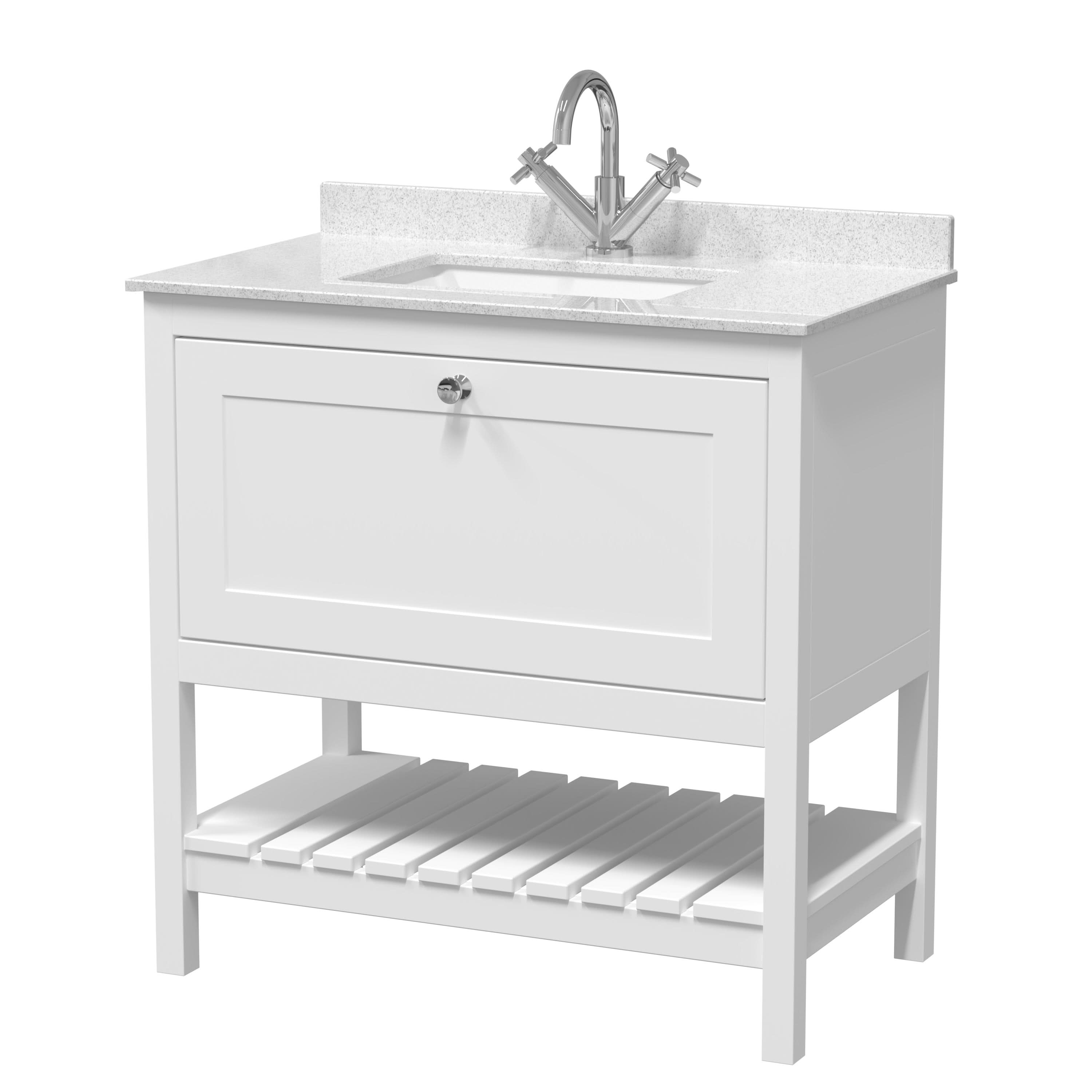 Old London Bexley Floor Standing 1 Drawer Vanity & 1 Tap Hole Marble Top, Stylish Vanity Unit with Basin, Pure White, 800mm