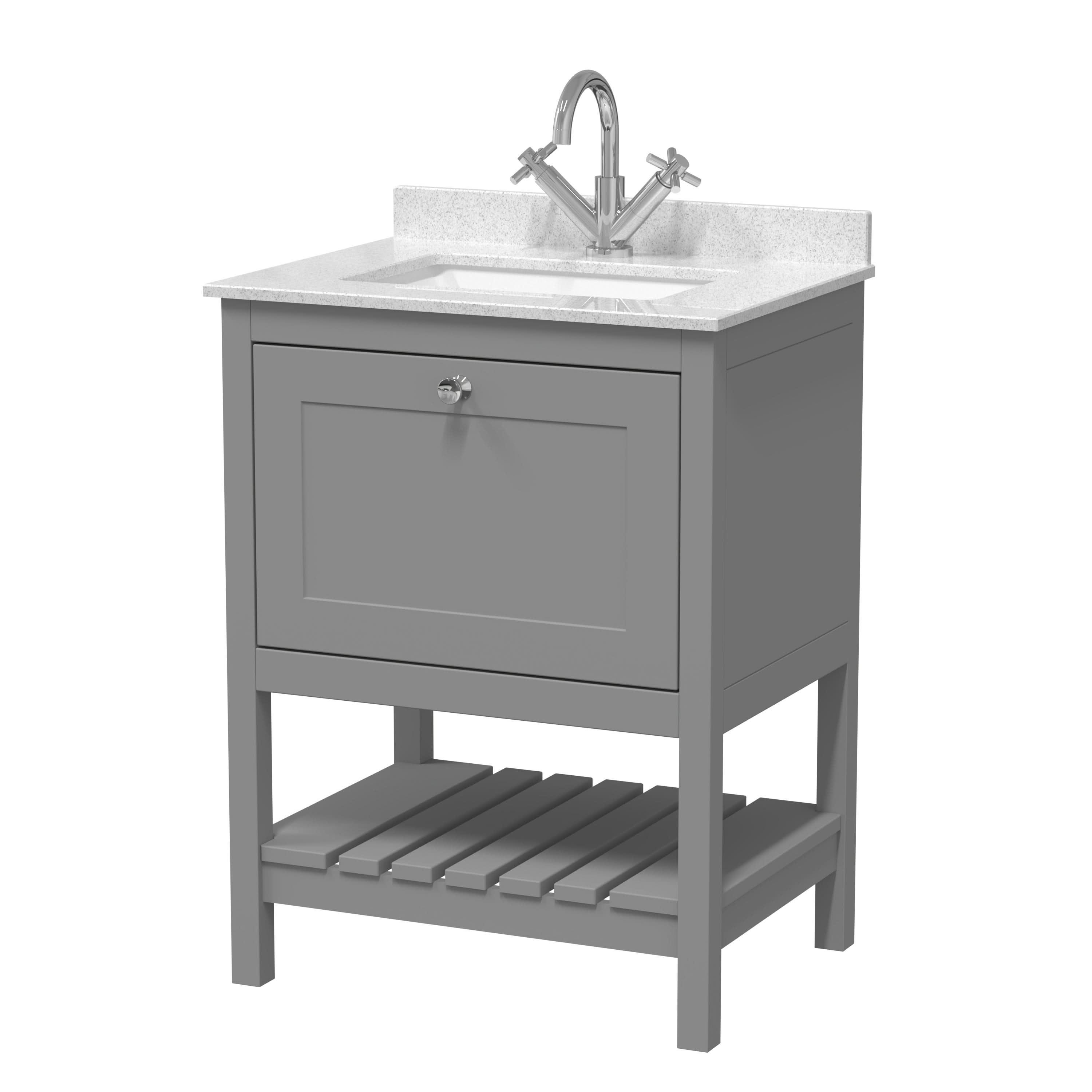 Old London Bexley Floor Standing 1 Drawer Vanity & 1 Tap Hole Marble Top, Stylish Vanity Unit with Basin, Cool Grey, 600mm