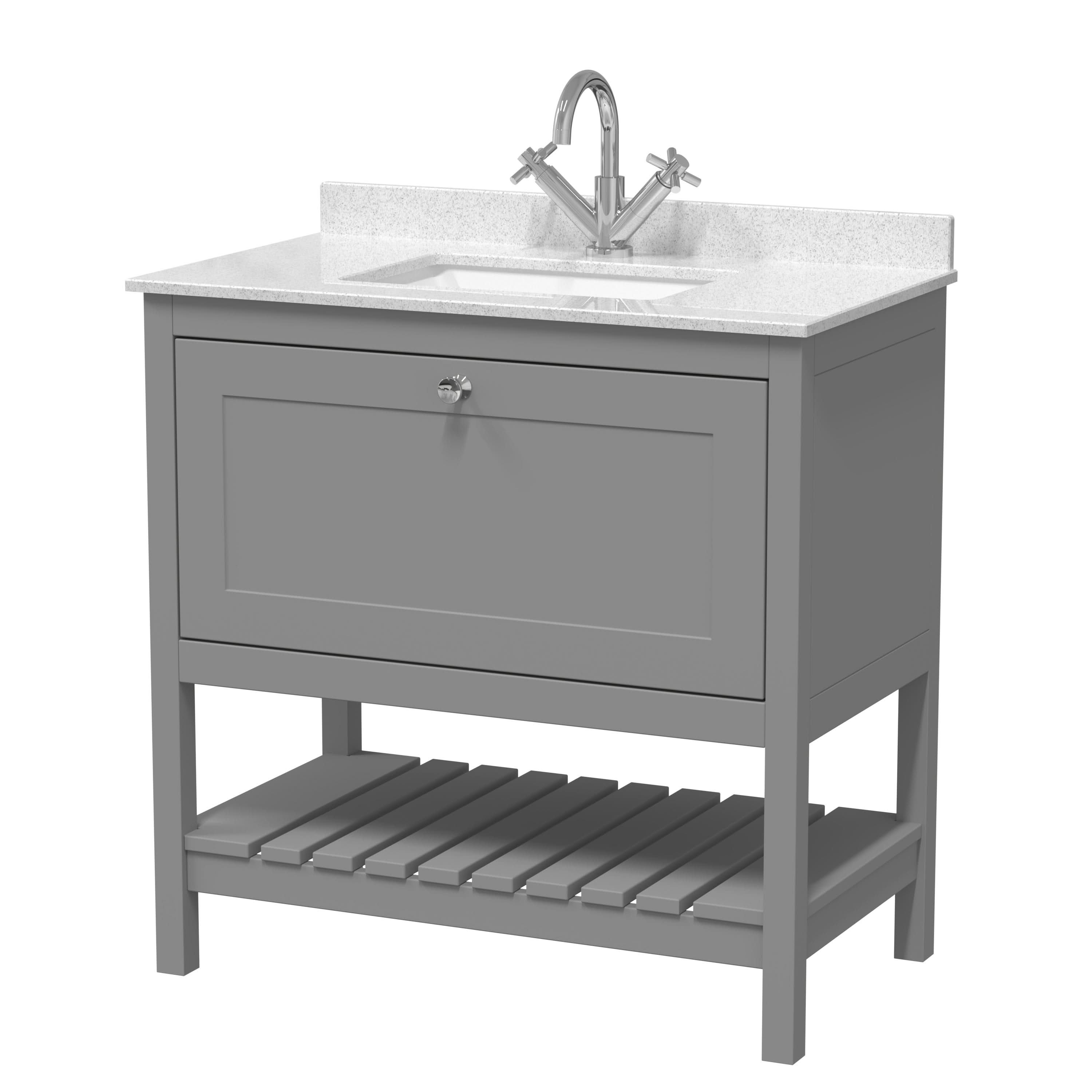 Old London Bexley Floor Standing 1 Drawer Vanity & 1 Tap Hole Marble Top, Stylish Vanity Unit with Basin, Cool Grey, 800mm