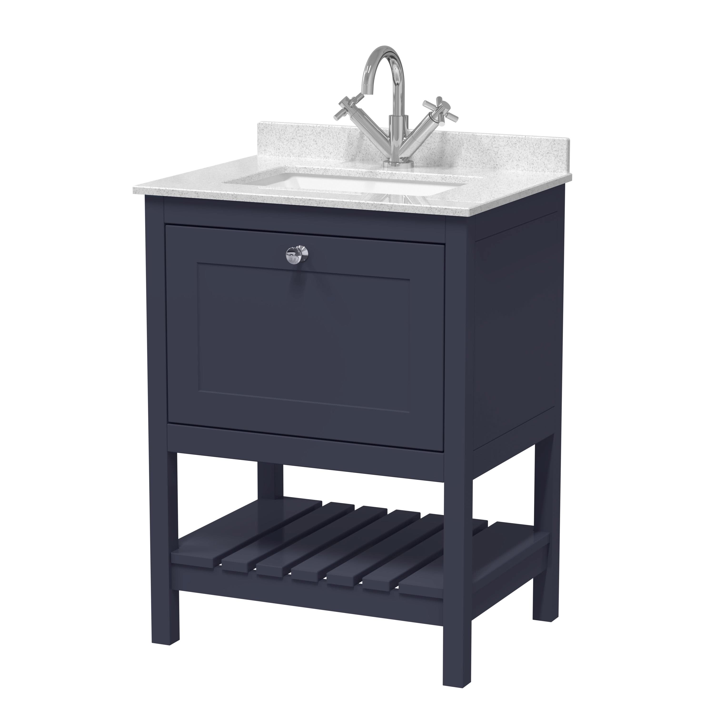 Old London Bexley Floor Standing 1 Drawer Vanity & 1 Tap Hole Marble Top, Stylish Vanity Unit with Basin, Indigo Blue, 600mm