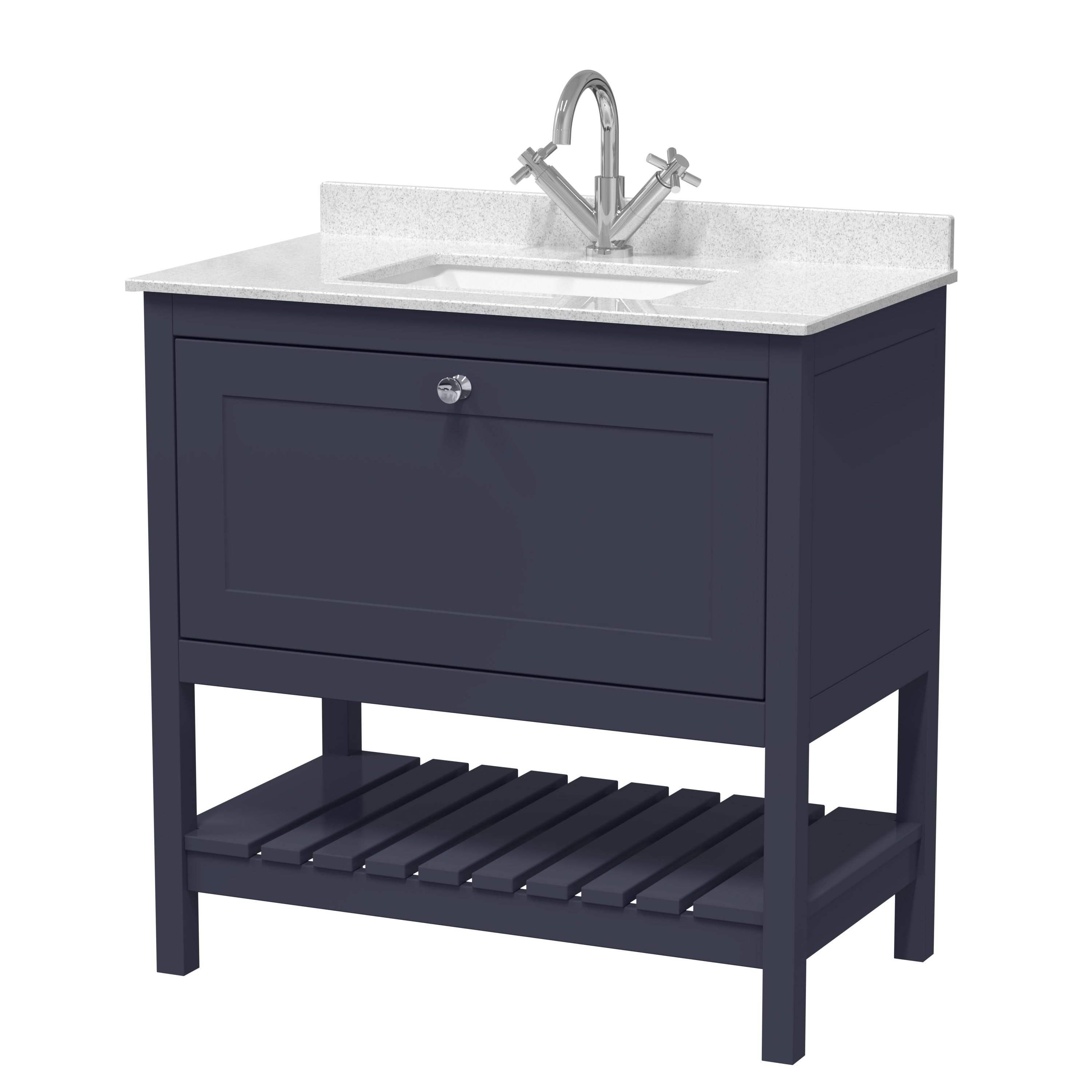 Old London Bexley Floor Standing 1 Drawer Vanity & 1 Tap Hole Marble Top, Stylish Vanity Unit with Basin, Indigo Blue, 800mm