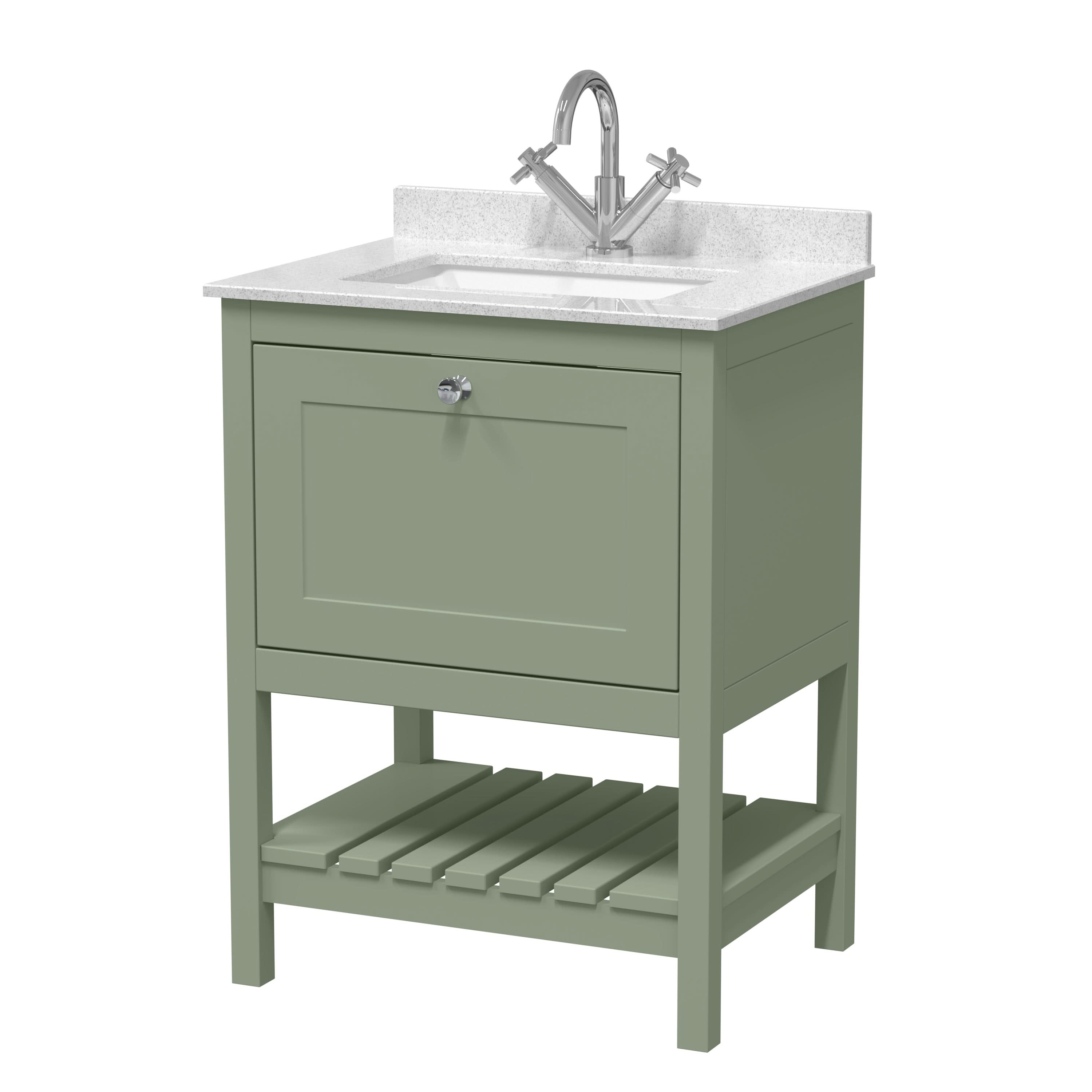 Old London Bexley Floor Standing 1 Drawer Vanity & 1 Tap Hole Marble Top, Stylish Vanity Unit with Basin, Fern Green, 600mm