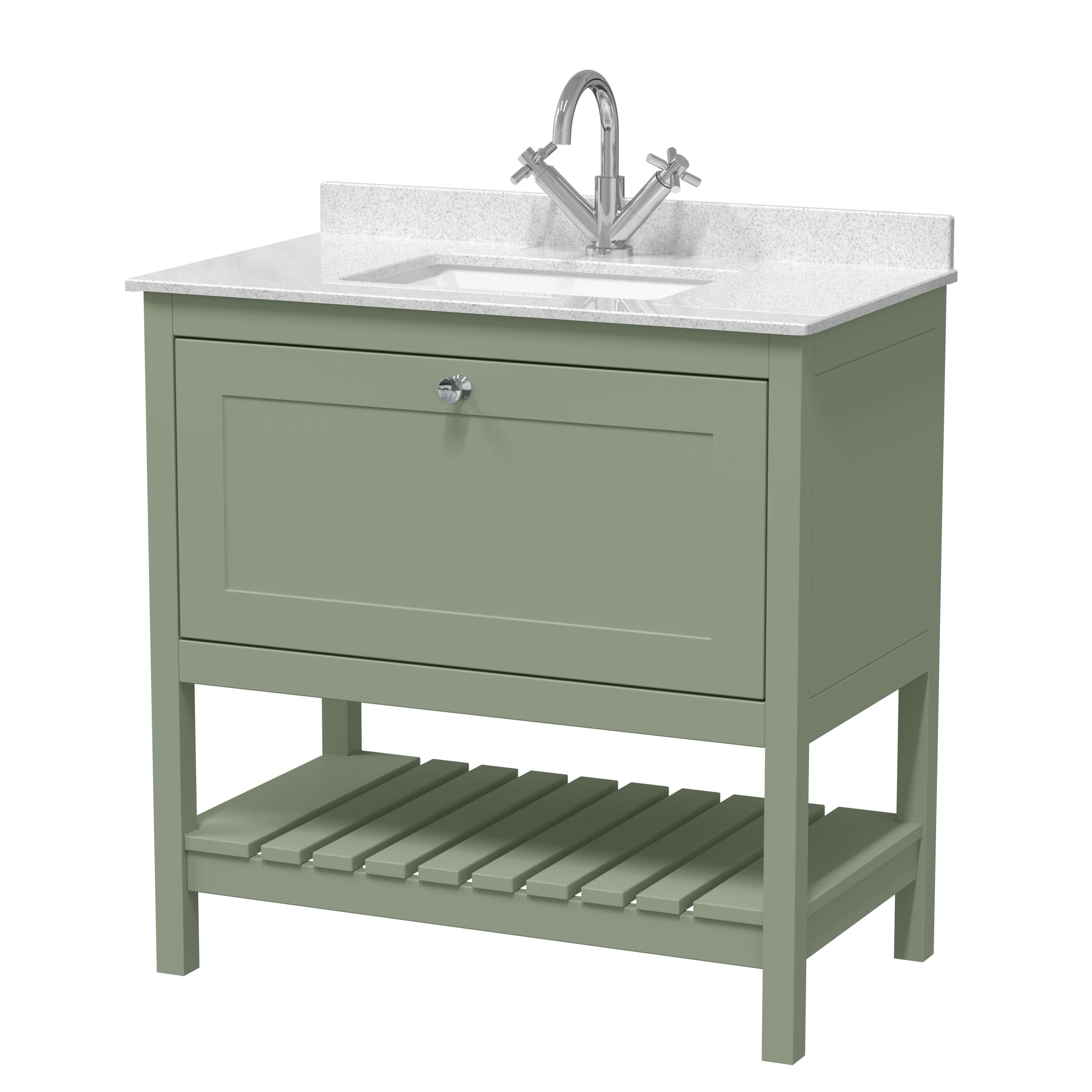 Old London Bexley Floor Standing 1 Drawer Vanity & 1 Tap Hole Marble Top, Stylish Vanity Unit with Basin, Fern Green, 800mm