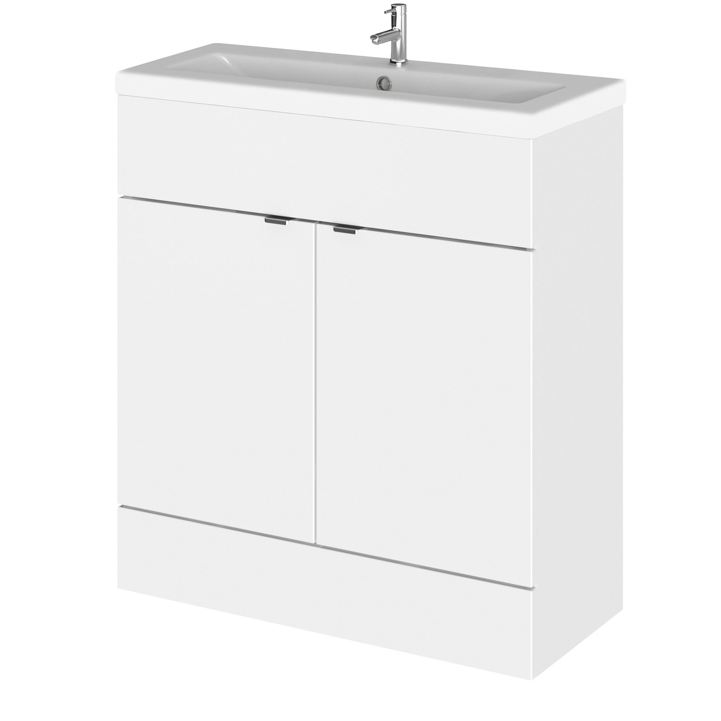 Hudson Reed Fusion Floor Standing 2 Door Vanity Unit & Ceramic Basin, Stylish Sink Vanity Unit, Gloss White, 800mm