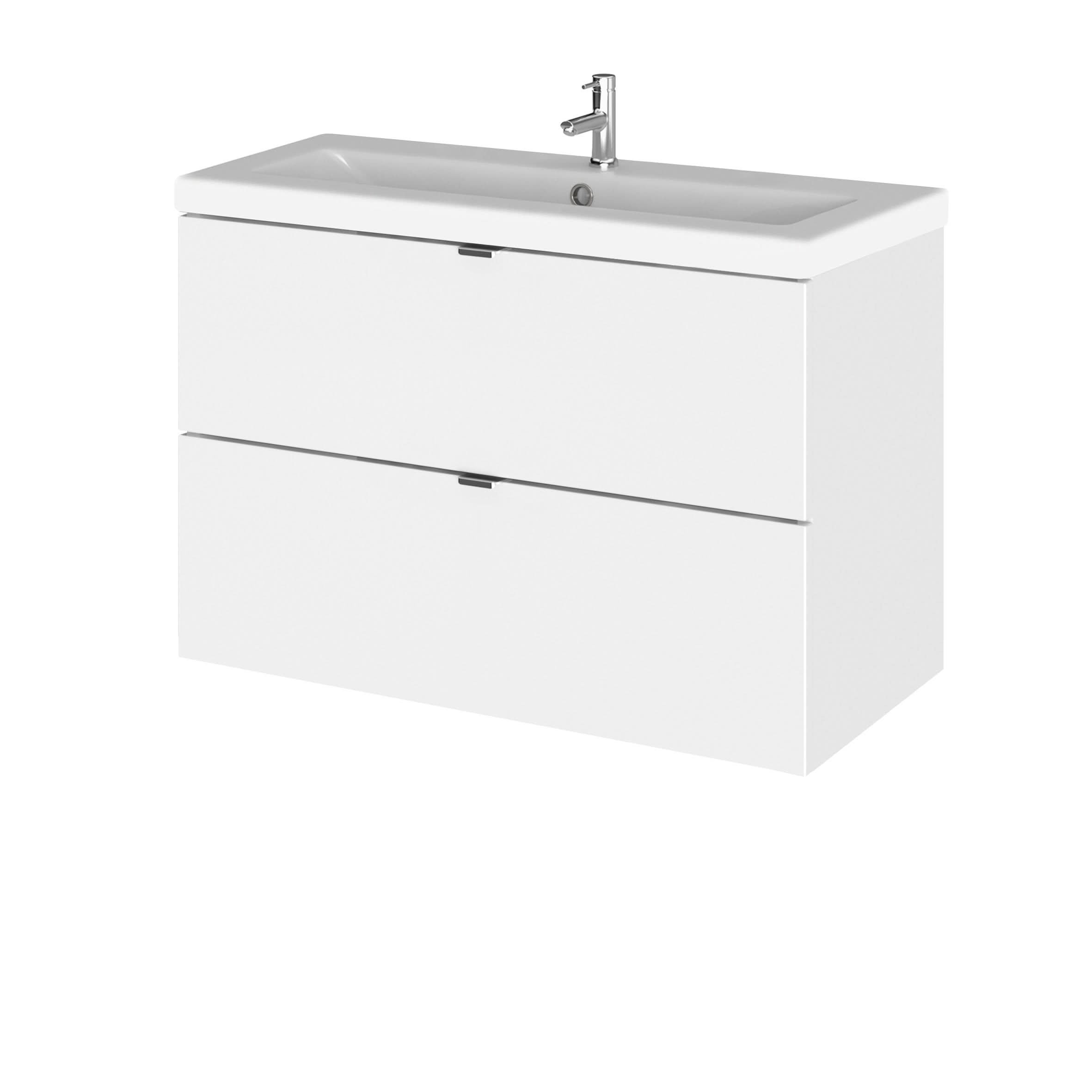 Hudson Reed Fusion Wall Hung 2 Drawer Vanity Unit & Ceramic Basin, Stylish Vanity Unit with Basin, Gloss White, 800mm