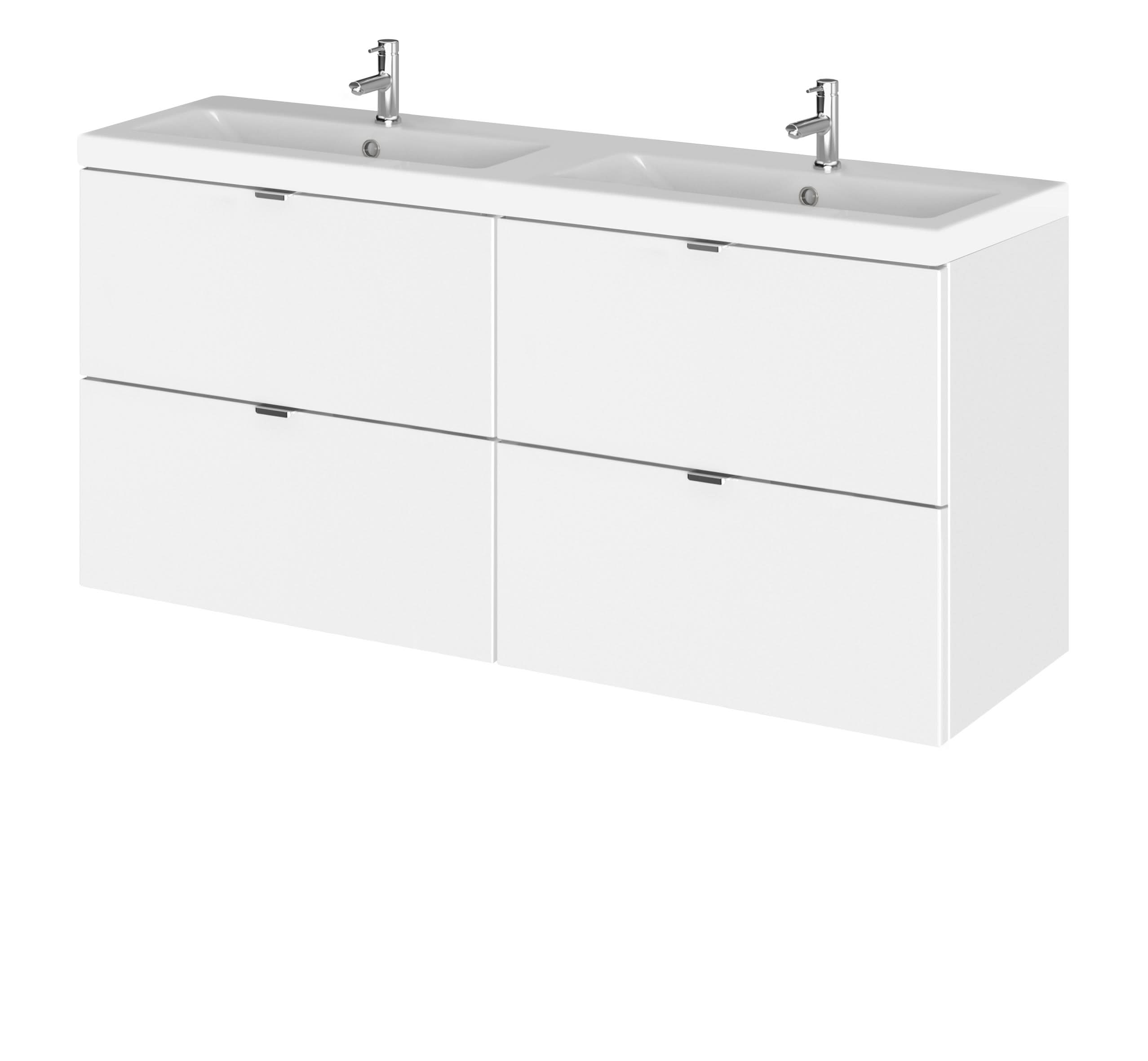 Hudson Reed Fusion Wall Hung 4 Drawer Vanity Unit & Twin Ceramic Basin, Stylish Vanity Unit with Basin, Gloss White, 1200mm