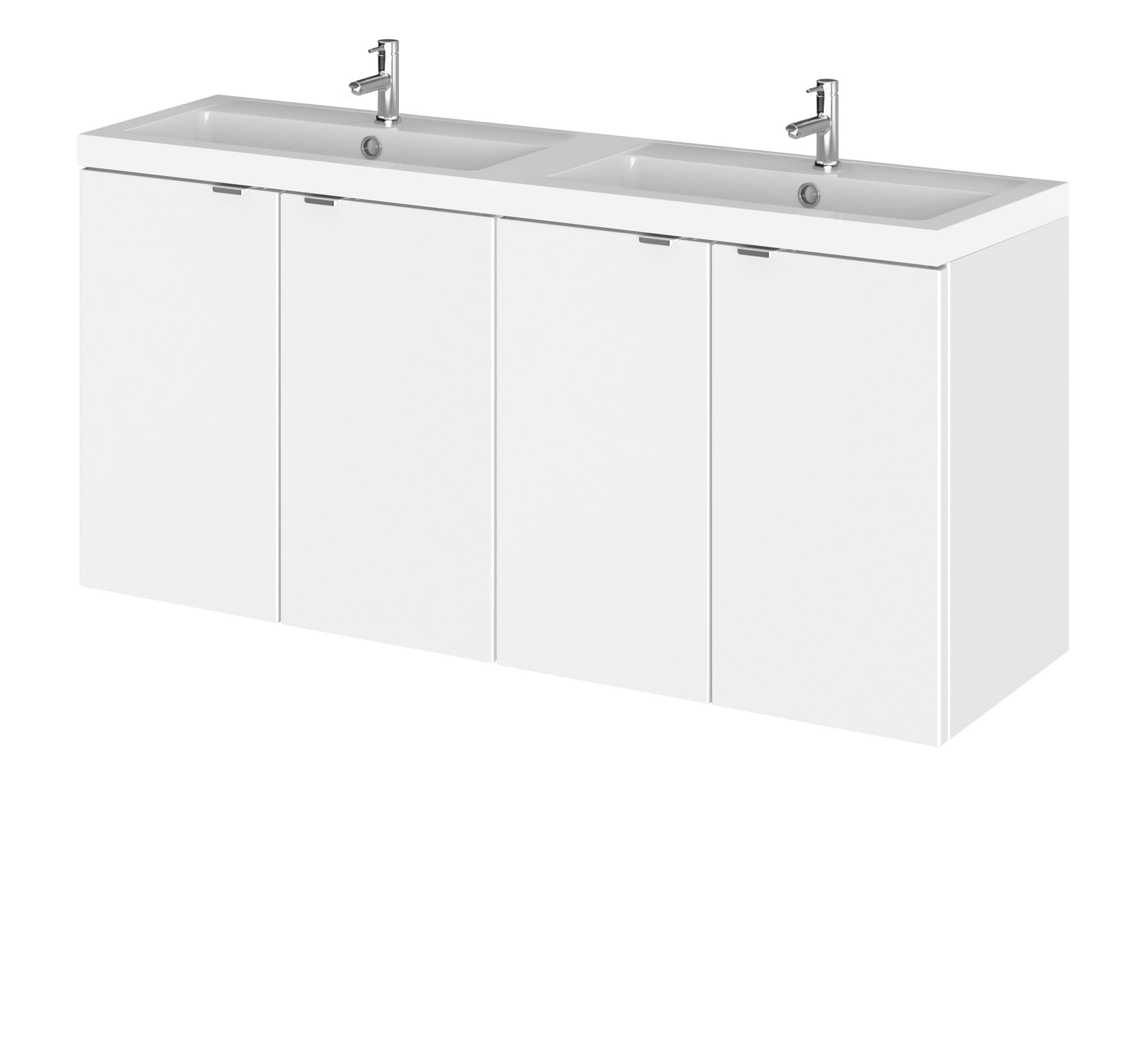 Hudson Reed Fusion Wall Hung 4 Door Vanity Unit & Twin Polymarble Basin, Stylish Vanity Unit with Basin, Gloss White, 1200mm