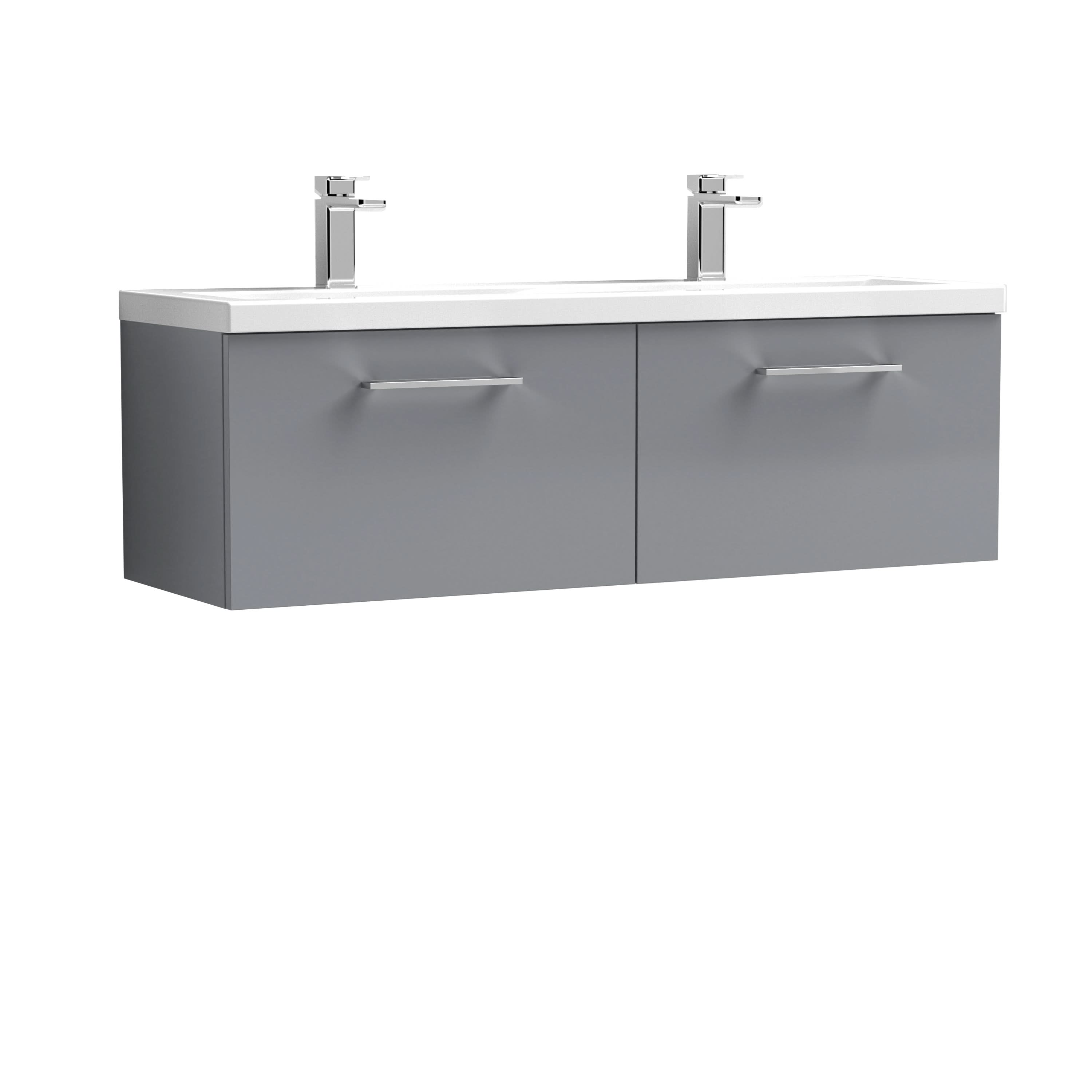 Nuie Arno Wall Hung 2 Drawer Vanity Unit & Double Ceramic Basin, Contemporary Sink Vanity Unit in Satin Grey, 1200mm