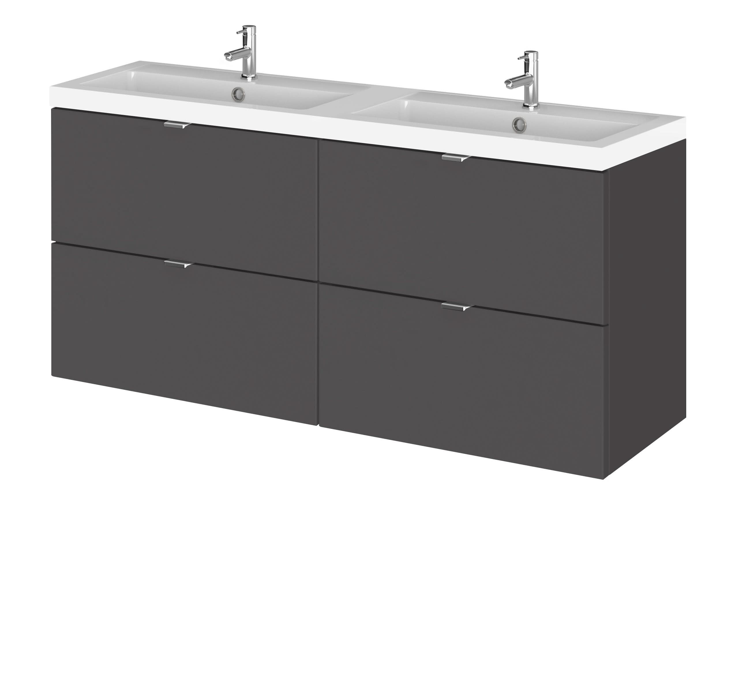 Hudson Reed Fusion Wall Hung 4 Drawer Vanity Unit & Twin Polymarble Basin, Stylish Sink Vanity Unit, Gloss Grey, 1200mm